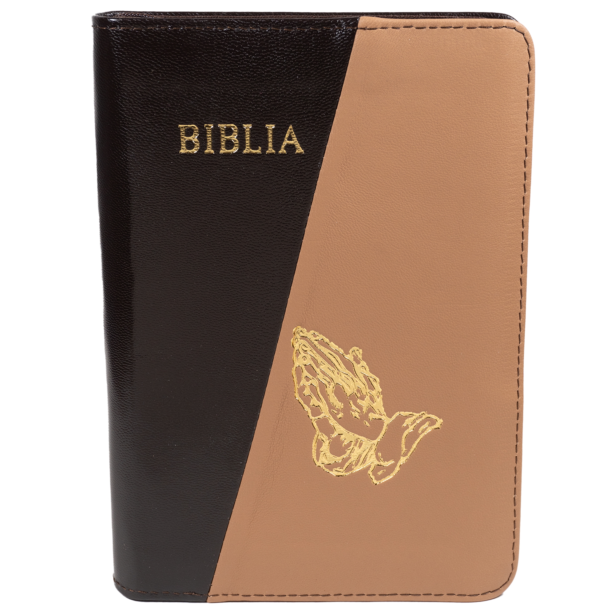 Biblie din piele, marime medie, culoare, maro închis cu maro, simbol maini in rugaciune, fermoar, index, margini aurii, cuv. lui Isus cu rosu [SB 057 PFI]