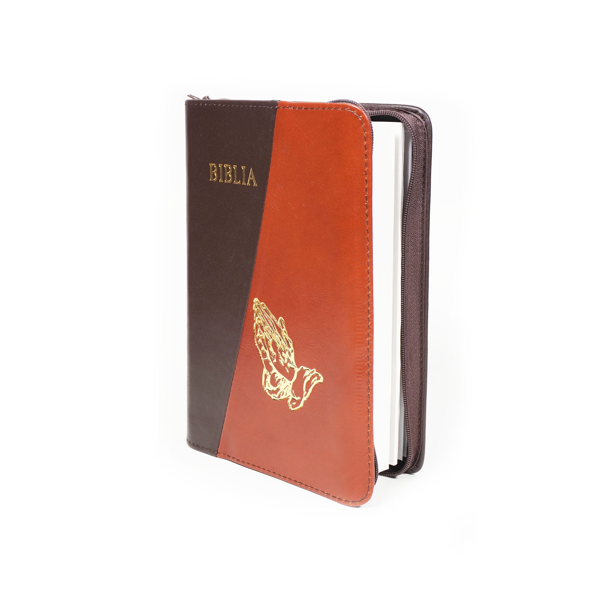 Biblie din piele, marime medie, culoare, maro pământiu cu maro, fermoar, margini albe, simbol maini in rugaciune, cuv. lui Isus cu rosu [053]
