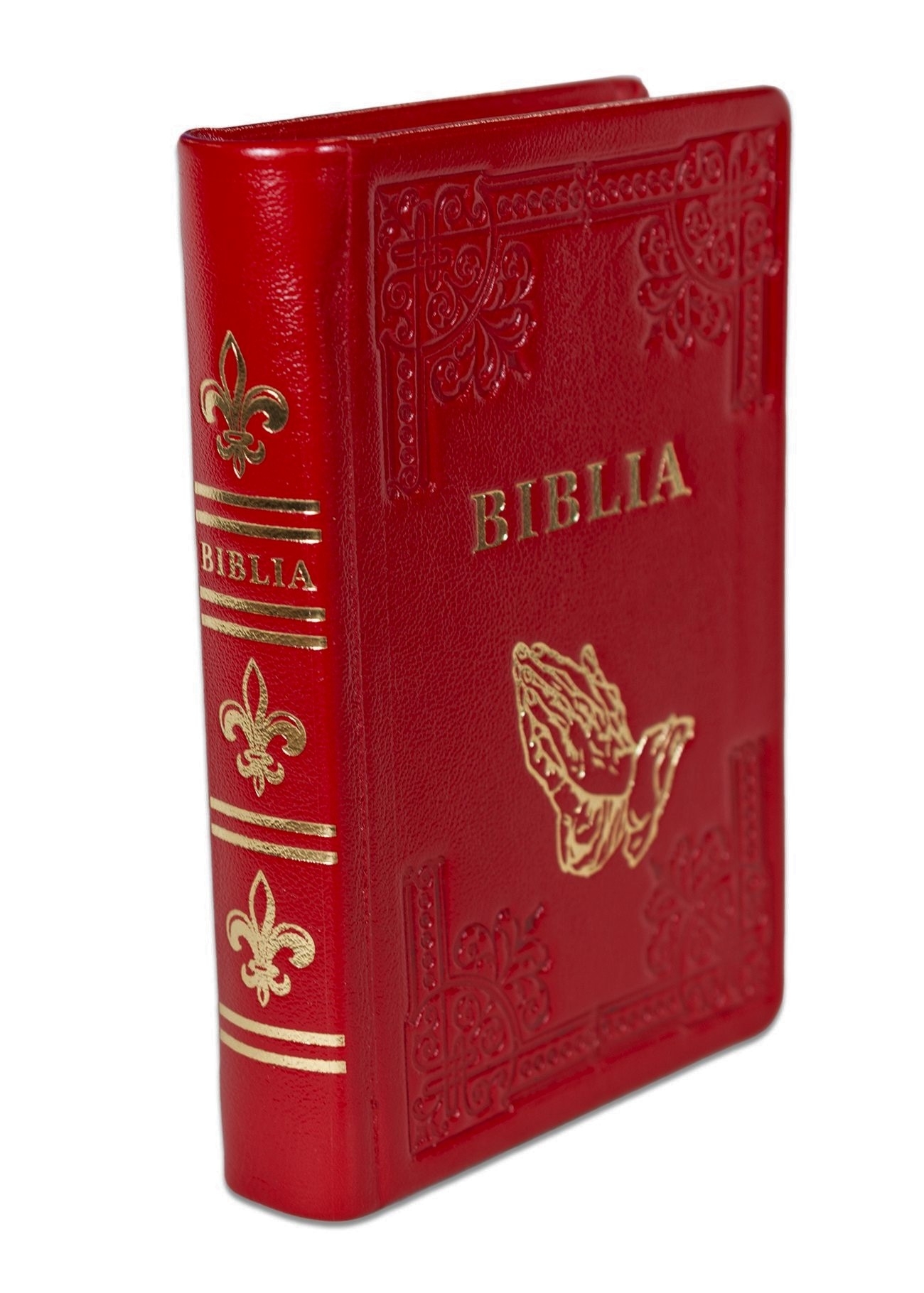 Biblia din piele, handmade, marime medie, culoare rosie, simbol maini in rugaciune, margini aurii cu index, cuv. lui Isus cu rosu [057 HM]