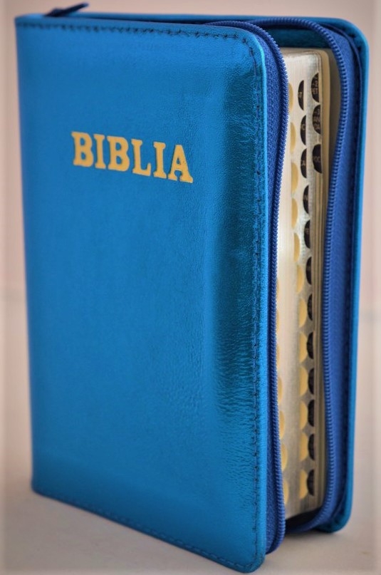 Biblia format mic, din piele, culoare albastru sidef, index, fermoar, margini argintii, cuv. lui Isus in rosu [047 PFI]