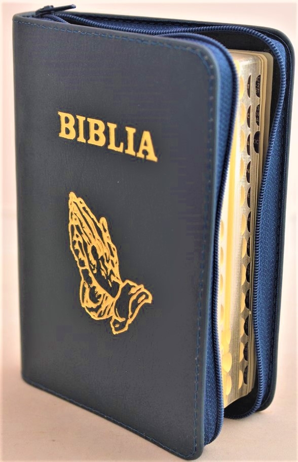 Biblia format mic, din piele, culoare,albastru indigo, index, fermoar, margini aurii, simbolul maini in ruga, cuv. lui Isus in rosu [047 PFI]