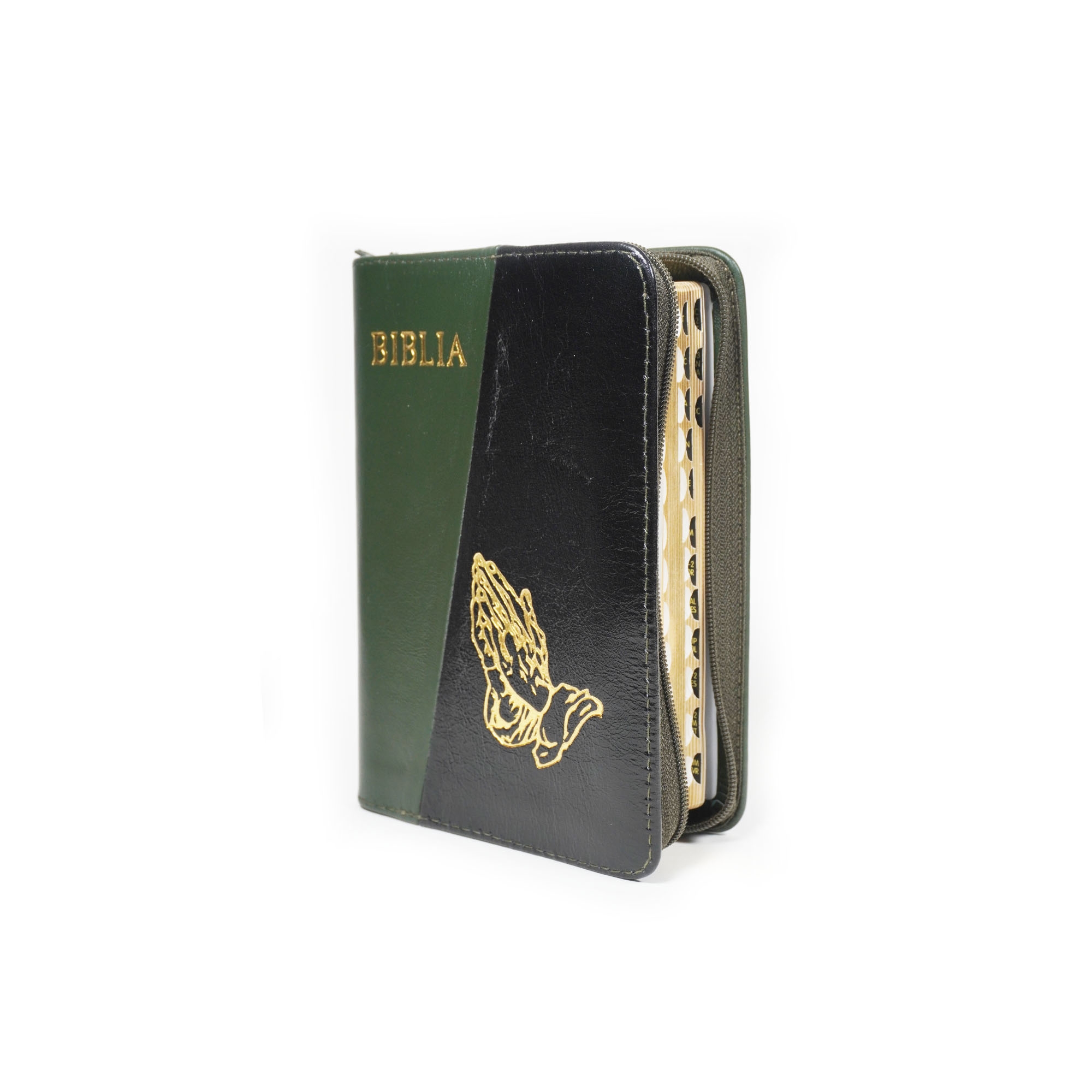 Biblia mica, coperta piele, culoare, verde oliv cu negru, index, fermoar, margini aurii,  simbolul maini, cuv. lui Isus in rosu [047 PFI]