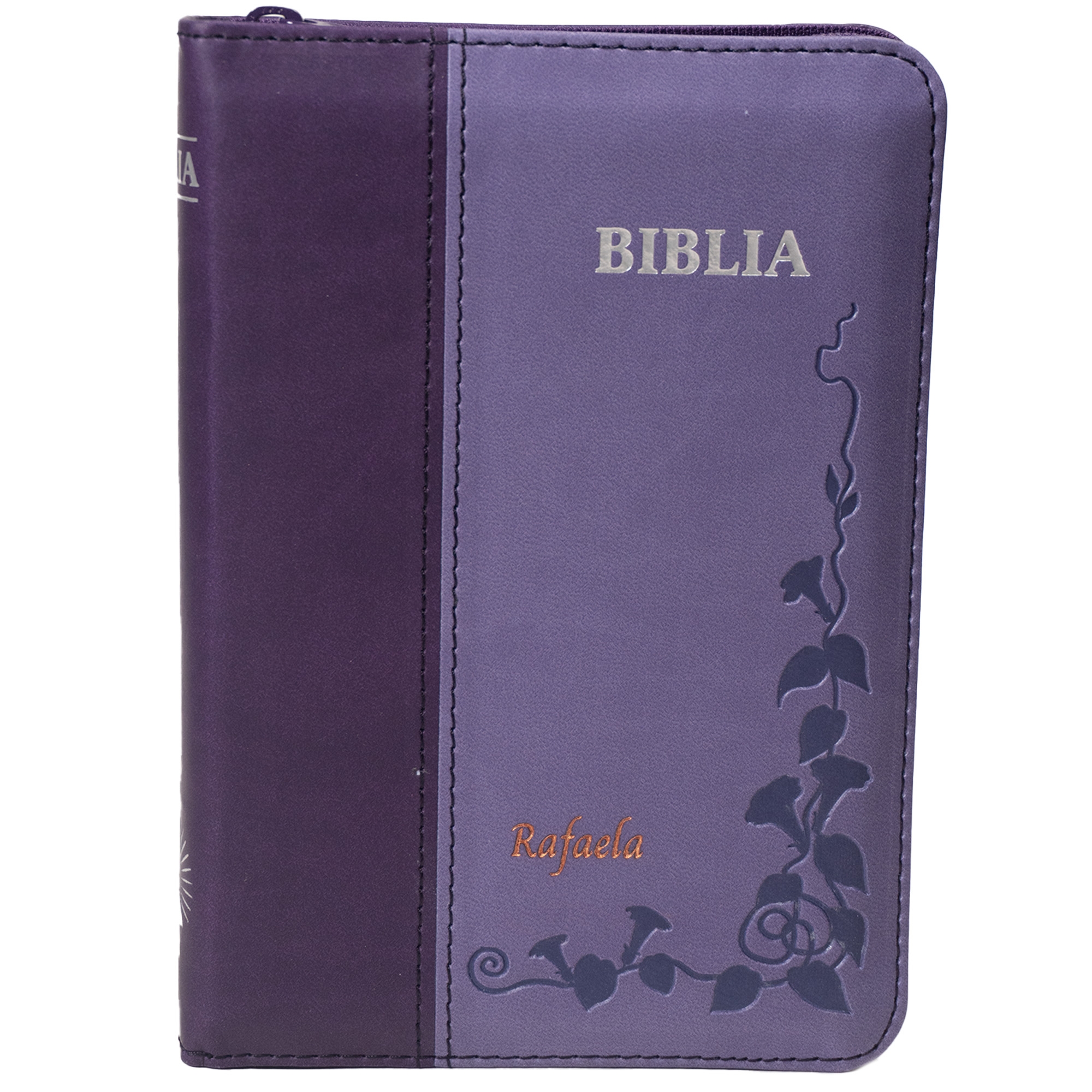 Biblie personalizată cu numele Rafaela  - Biblie mica, piele ecologica, nuante de mov, fermoar, index, margini argintate, cuv. lui Isus cu rosu [SI 046 ZTI]