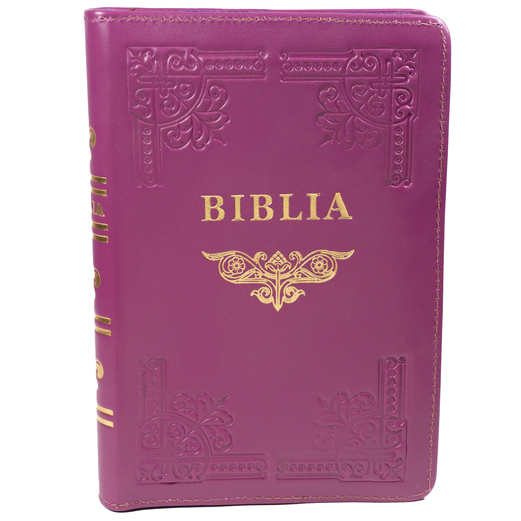 Biblia din piele, handmade, marime medie, culoare mov închis, fermoar,margini aurii cu index, cuv. lui Isus cu rosu [057 HM]