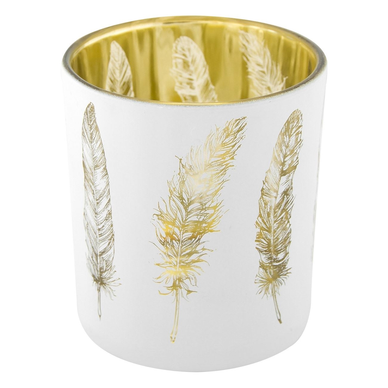 Suport sticla lumanare cu pene - Alb/Auriu Suport sticla lumanare cu pene - Alb/Auriu