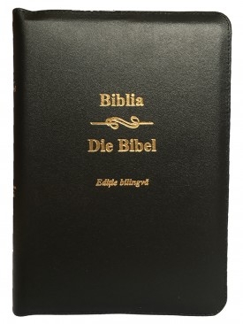 Biblia bilingva romana - germana, mare, piele, neagra, aurita, fermoar Biblia bilingva romana - germana, mare, piele, neagra, aurita, fermoar