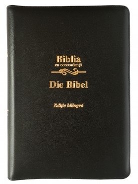 Biblia bilingva romana - germana, cu concordanta, mare, piele, neagra, aurita, fermoar Biblia bilingva romana - germana, cu concordanta, mare, piele, neagra, aurita, fermoar