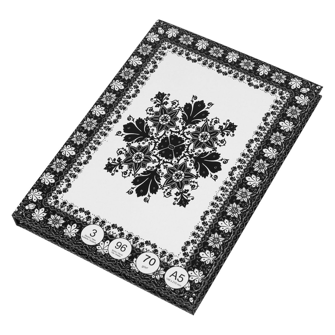 Caiet A5, coperta cartonata, model flori alb-negru Caiet A5, coperta cartonata, model flori alb-negru