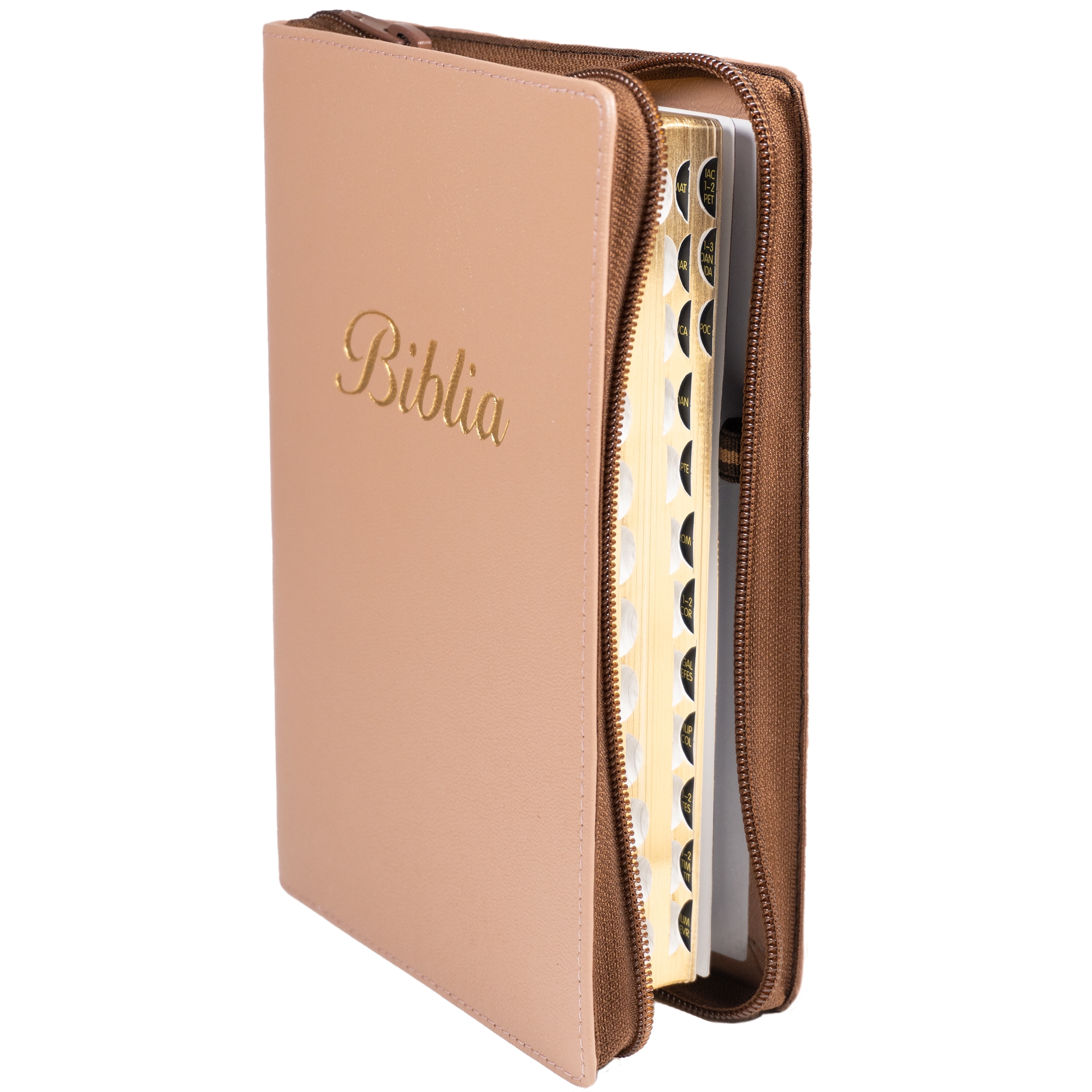 Biblia marime medie, cafeniu, piele, fermoar, margini aurii, index, cuv. lui Isus cu rosu [MAR 057 PFI]