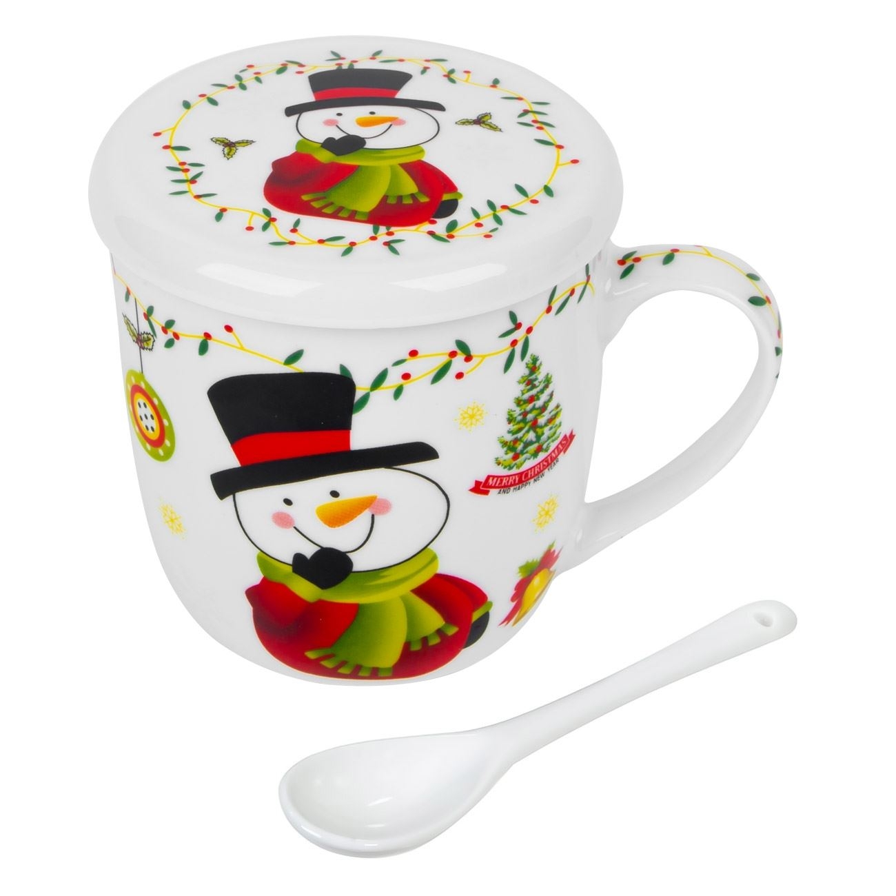 Cană de Crăciun cu lingură și capac, din ceramică - Om de zăpadă Cană de Crăciun cu lingură și capac, din ceramică - Om de zăpadă