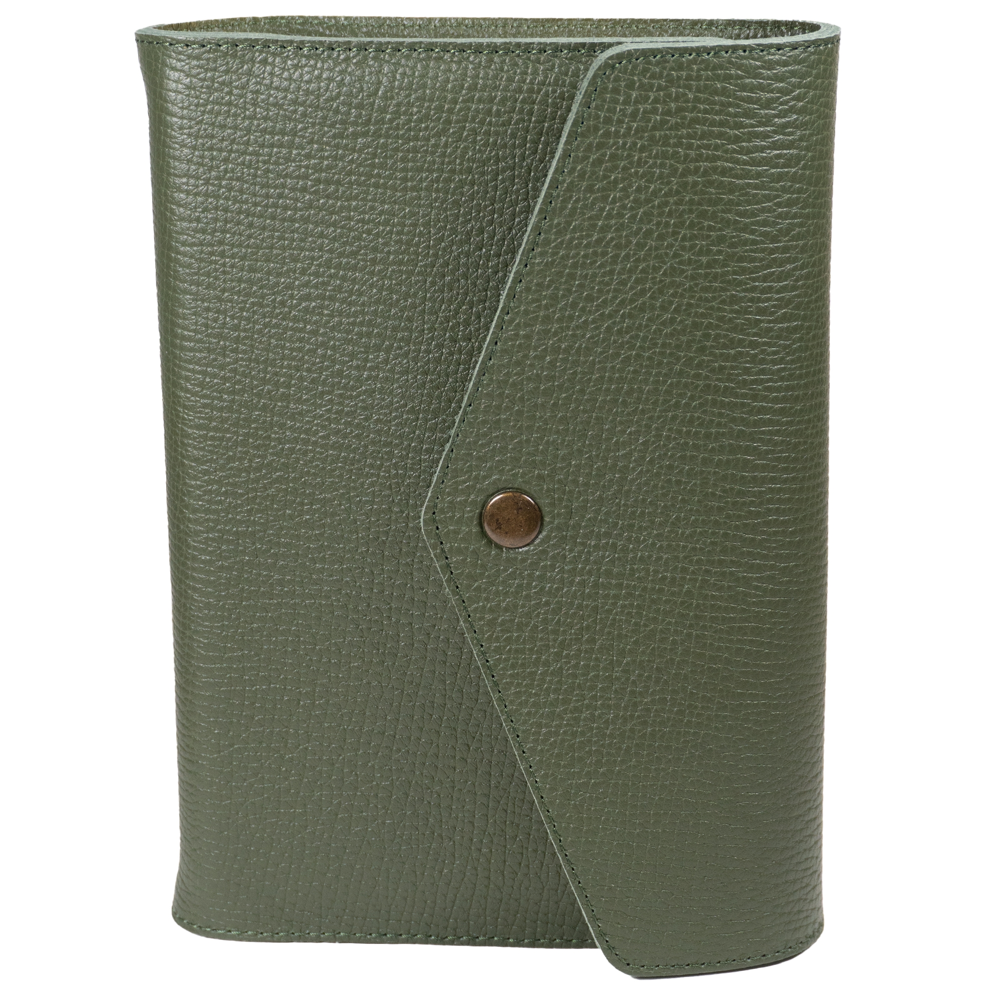 Biblia in husa handmade piele autentica, cu clapetă si capsă, mărime medie, verde, index, margini aurii, cuv. lui Isus cu rosu [057 HBL]