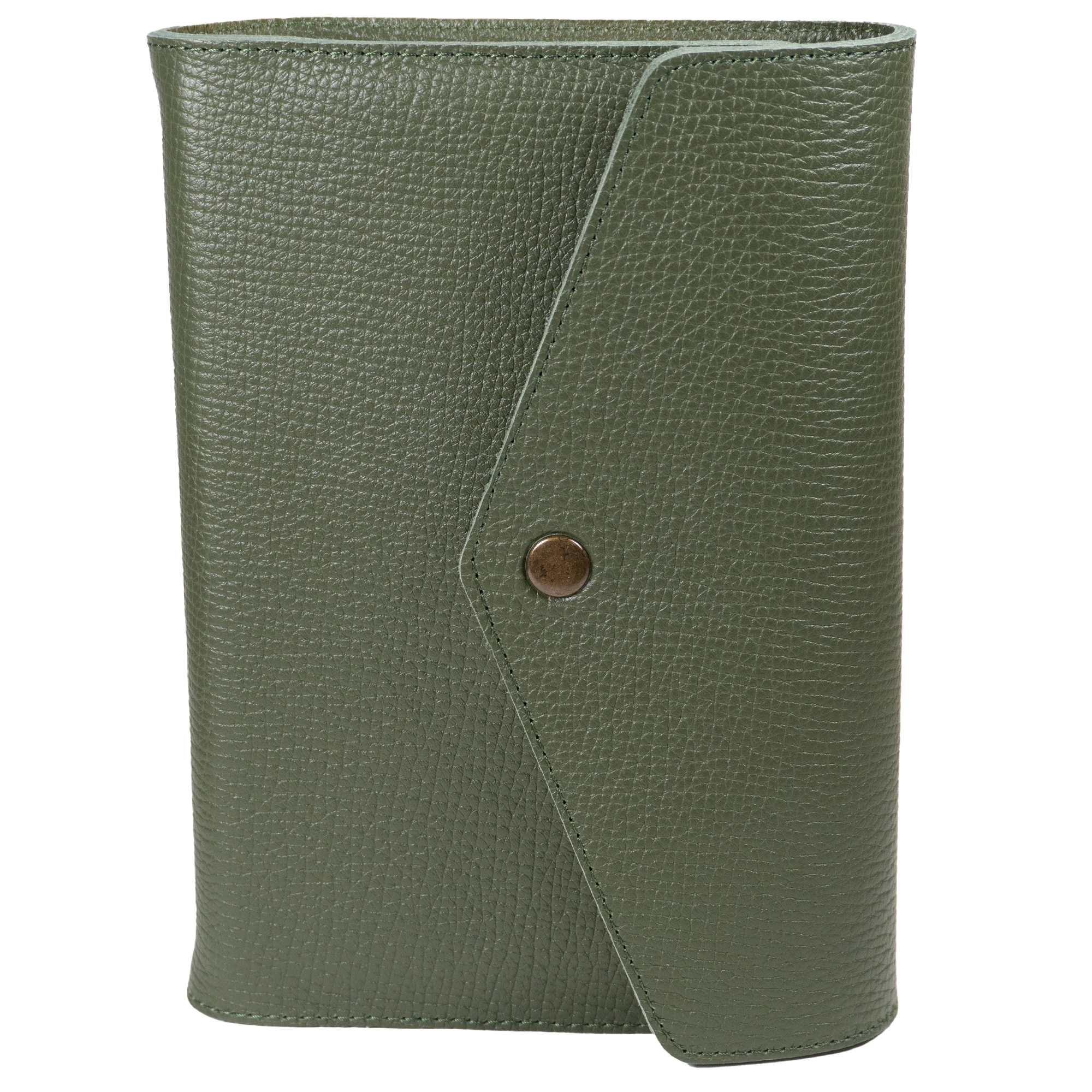 Biblia marime medie, verde oliv, piele, inchidere clapeta cu capsa 2, margini aurii, index, cuv. lui Isus cu rosu [MAR 057 PCI]