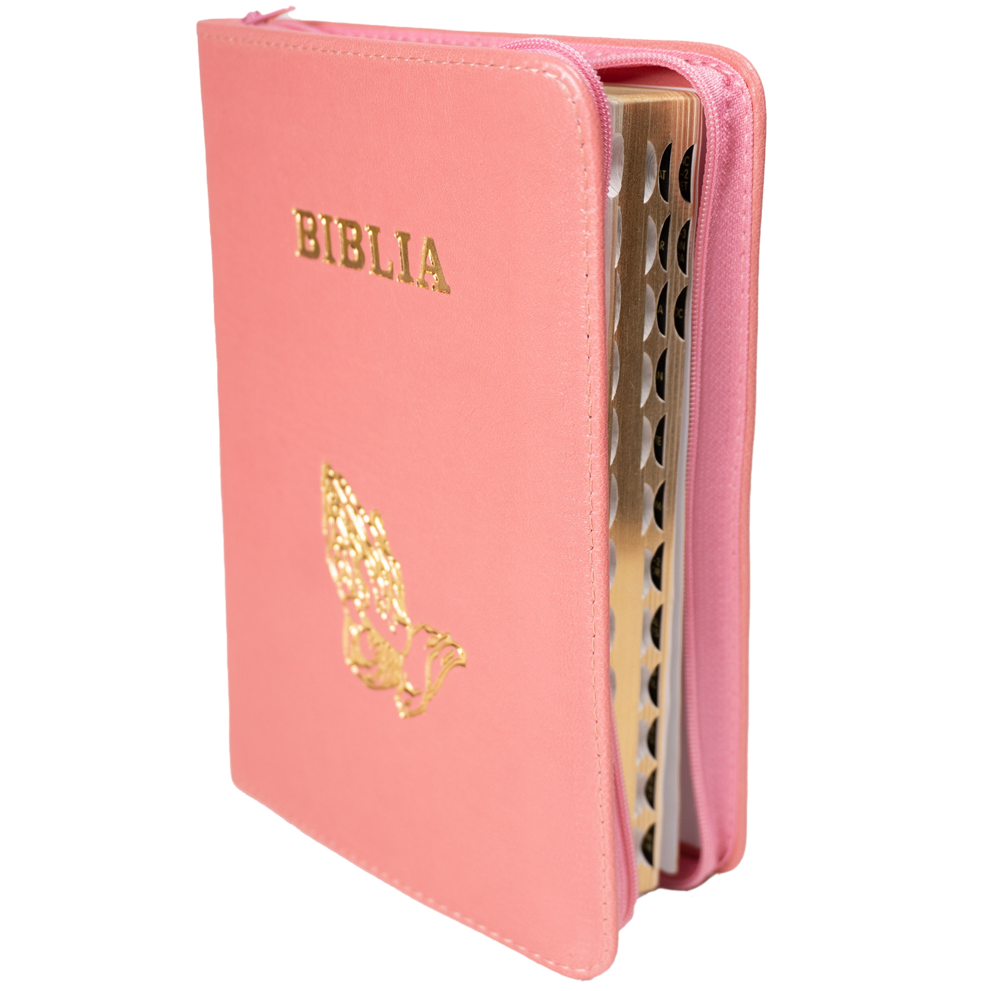 Biblie din piele, marime medie, culoare roz, simbol maini in rugaciune, fermoar, index, margini aurii, cuv. lui Isus cu rosu [SB 057 PFI]