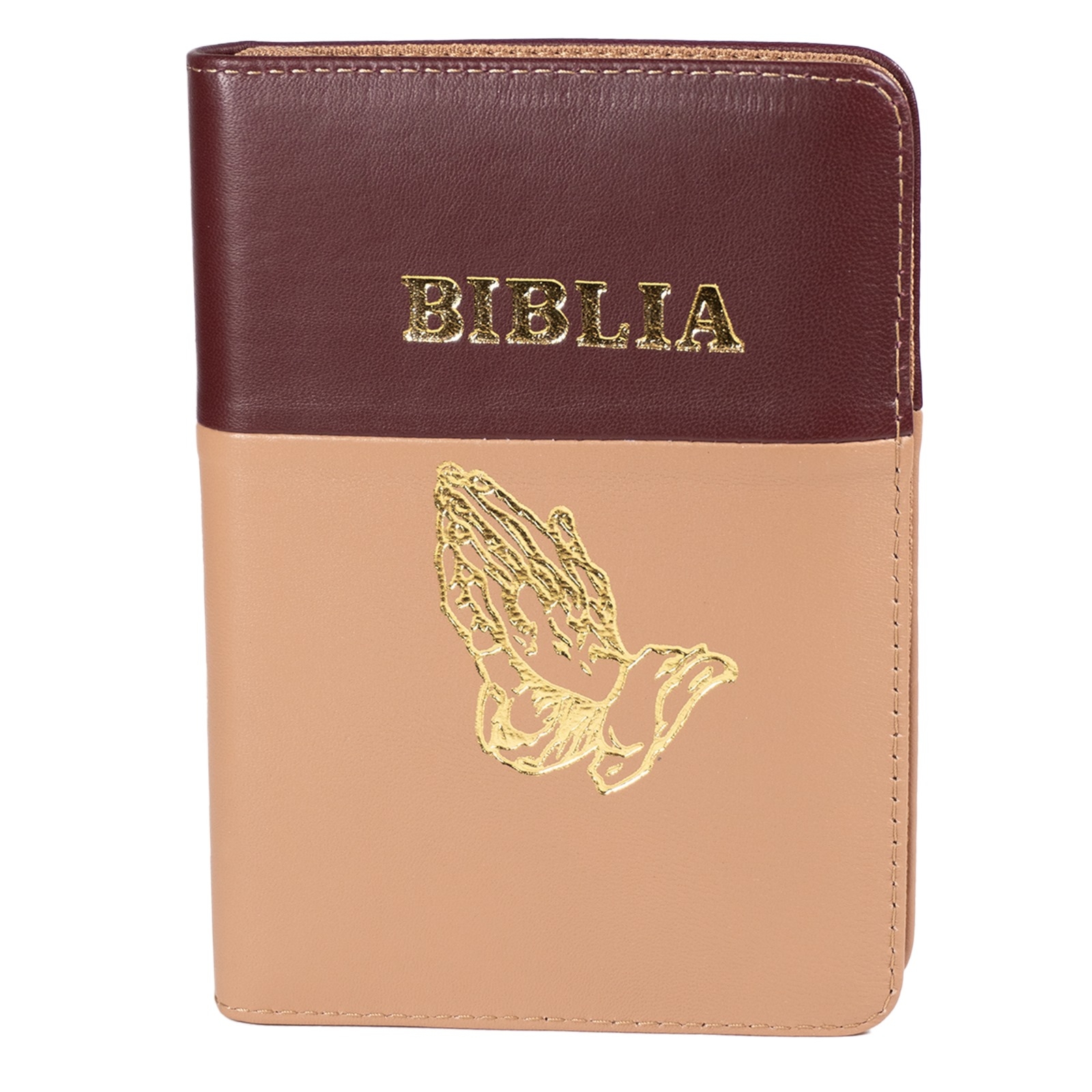 Biblia format mic, din piele, culoare, bordo cu crem,  index, simbol maini,  fermoar, margini argintii, cuv. lui Isus in rosu [047 PFI]