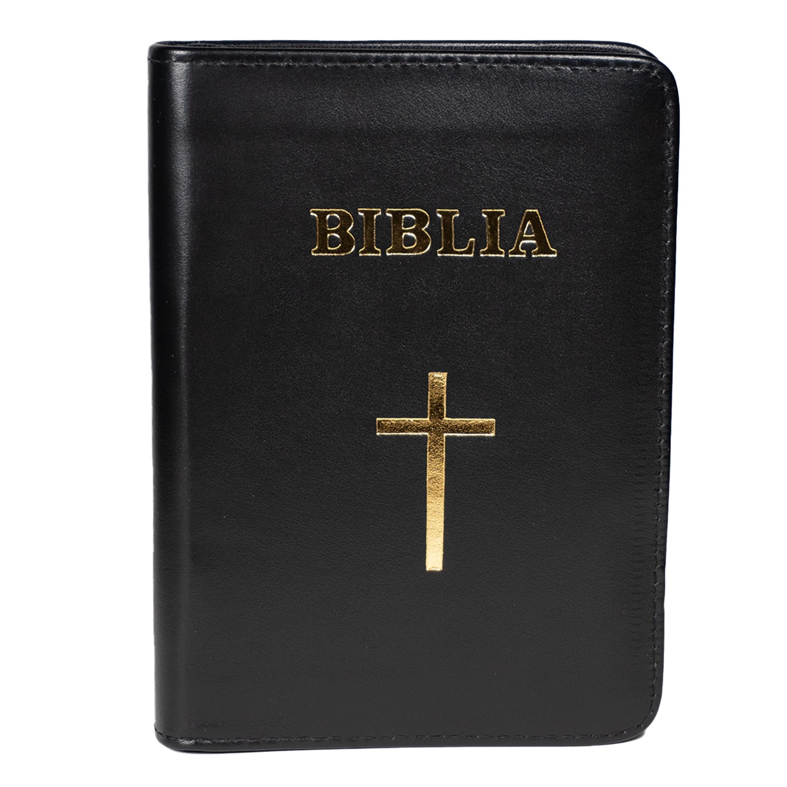 Biblia mica, coperta piele, culoare neagra, index, fermoar, margini aurii, simbol cruce, cuv. lui Isus in rosu [047 PFI]