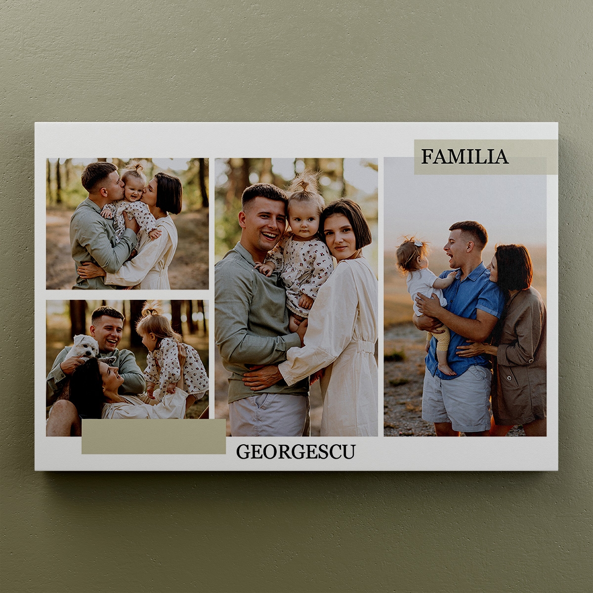 Tablou canvas personalizat cu 4 poze și nume – Familia Tablou canvas personalizat cu 4 poze și nume – Familia