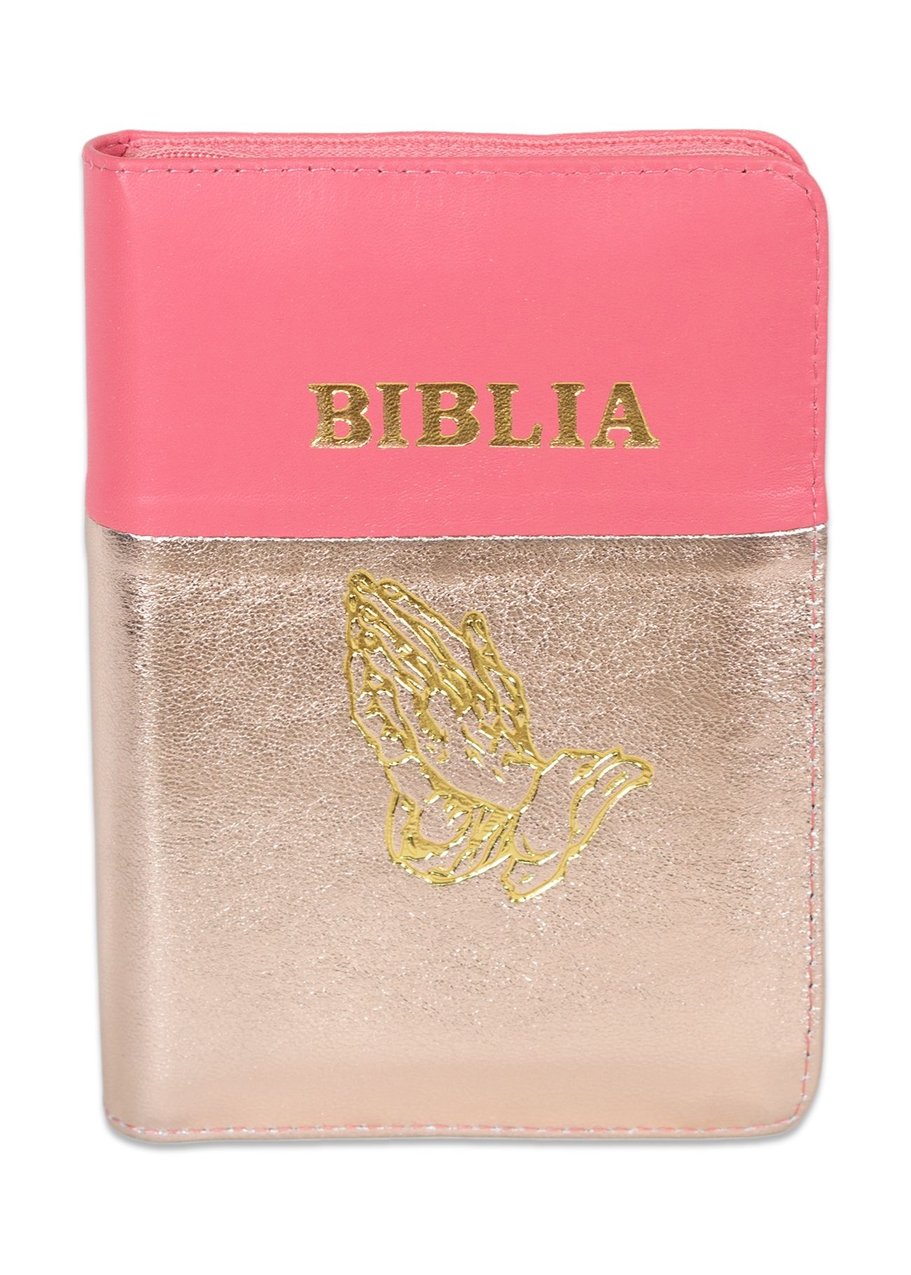Biblia format mic, din piele, culoare roz cu auriu sidefat, index, fermoar, margini argintii, simbolul maini in ruga, cuv. lui Isus in rosu [047 PFI]