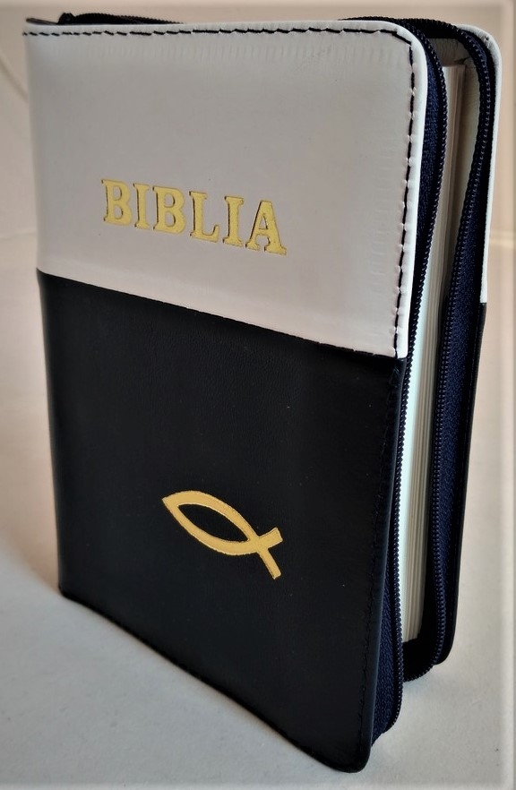 Biblie din piele, mica,alba / bluemarin, fermoar, margini albe,simbol peste, cuv. lui Isus in rosu [043 PF]