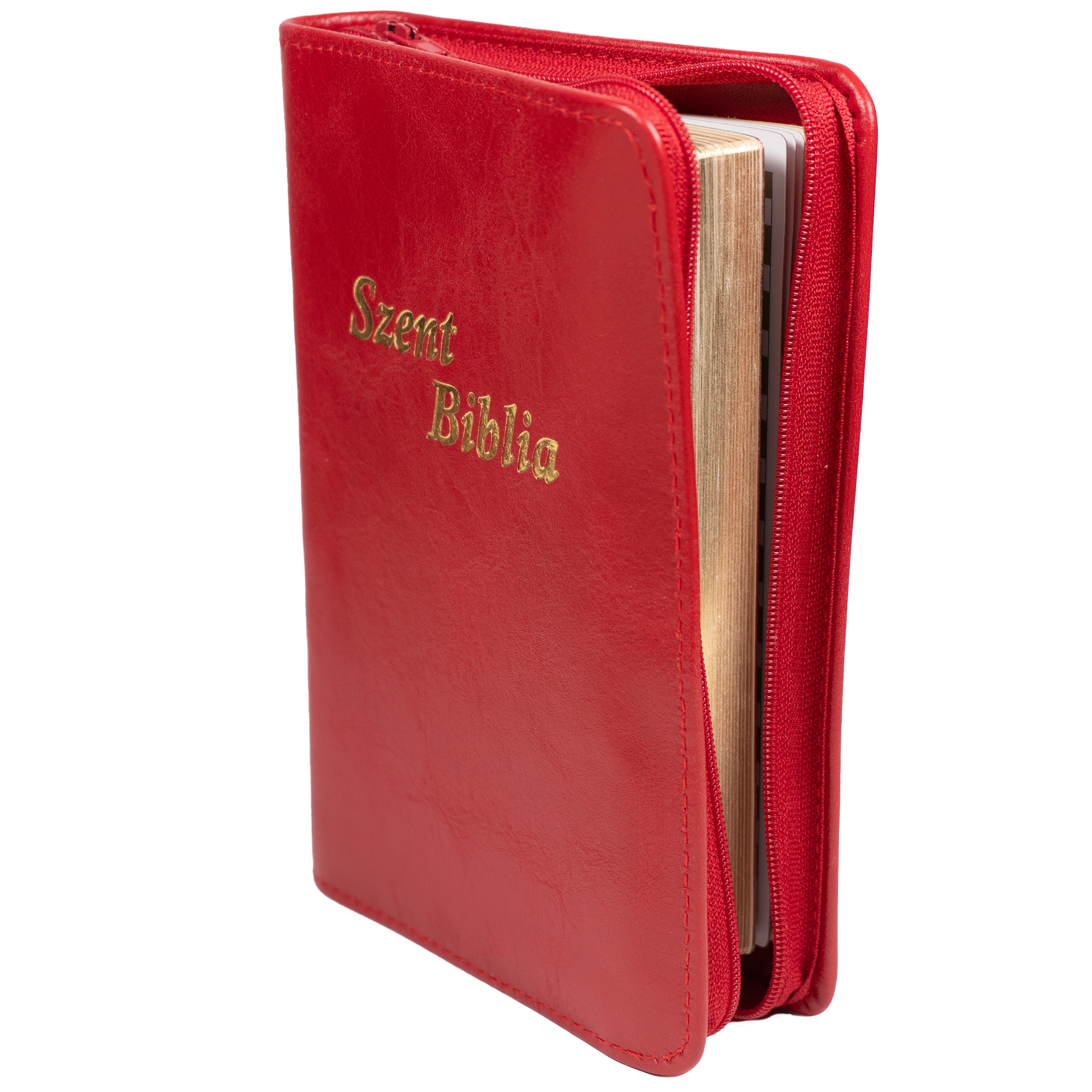 Szent Biblia, Mini Biblia, piros, Bőr, Cipzáros, Károli Gáspár Forditása (Biblia mica, piele, in lb. maghiara, fermoar) [043 PF]