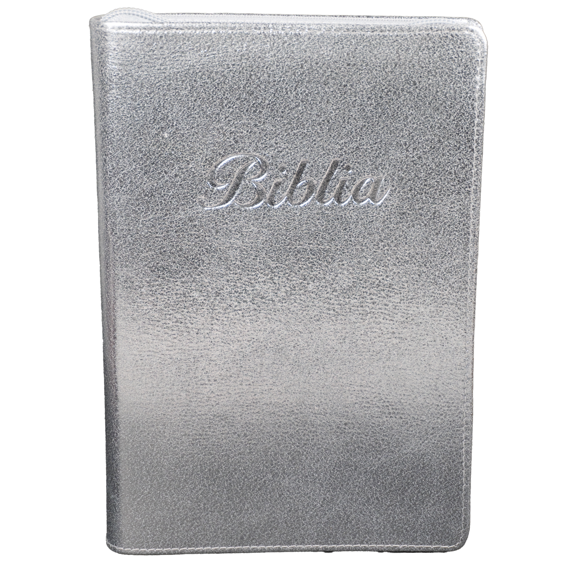 Biblia marime medie, argintiu sidefat, piele, fermoar, margini aurii, index, cuv. lui Isus cu rosu [MAR 057 PFI]