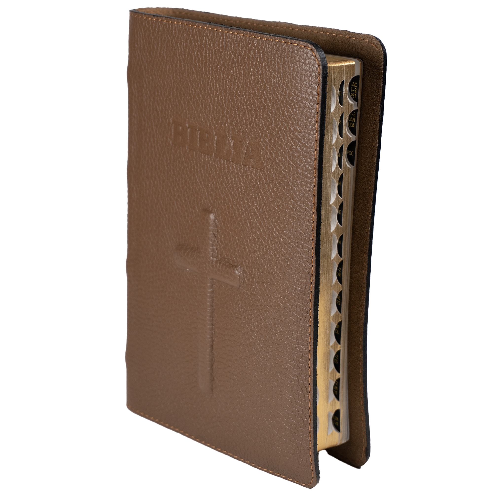 Biblie din piele handmade, marime medie, maro deschis, simbol cruce, fara fermoar, index, margini aurii, cuv. lui Isus cu rosu [057 I]