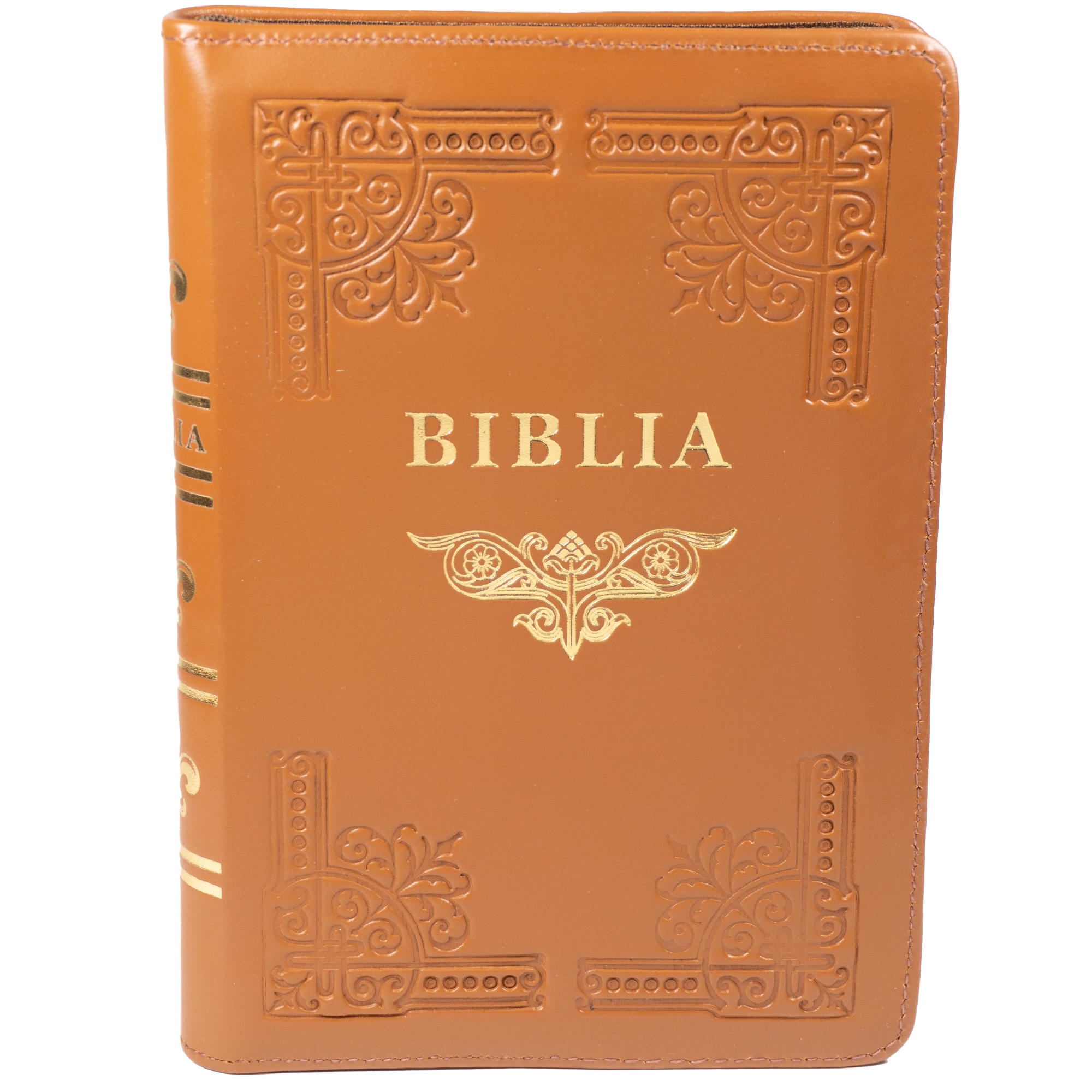 Biblia din piele, handmade, marime medie, culoare maro, fermoar,margini aurii cu index, cuv. lui Isus cu rosu [057 HM]
