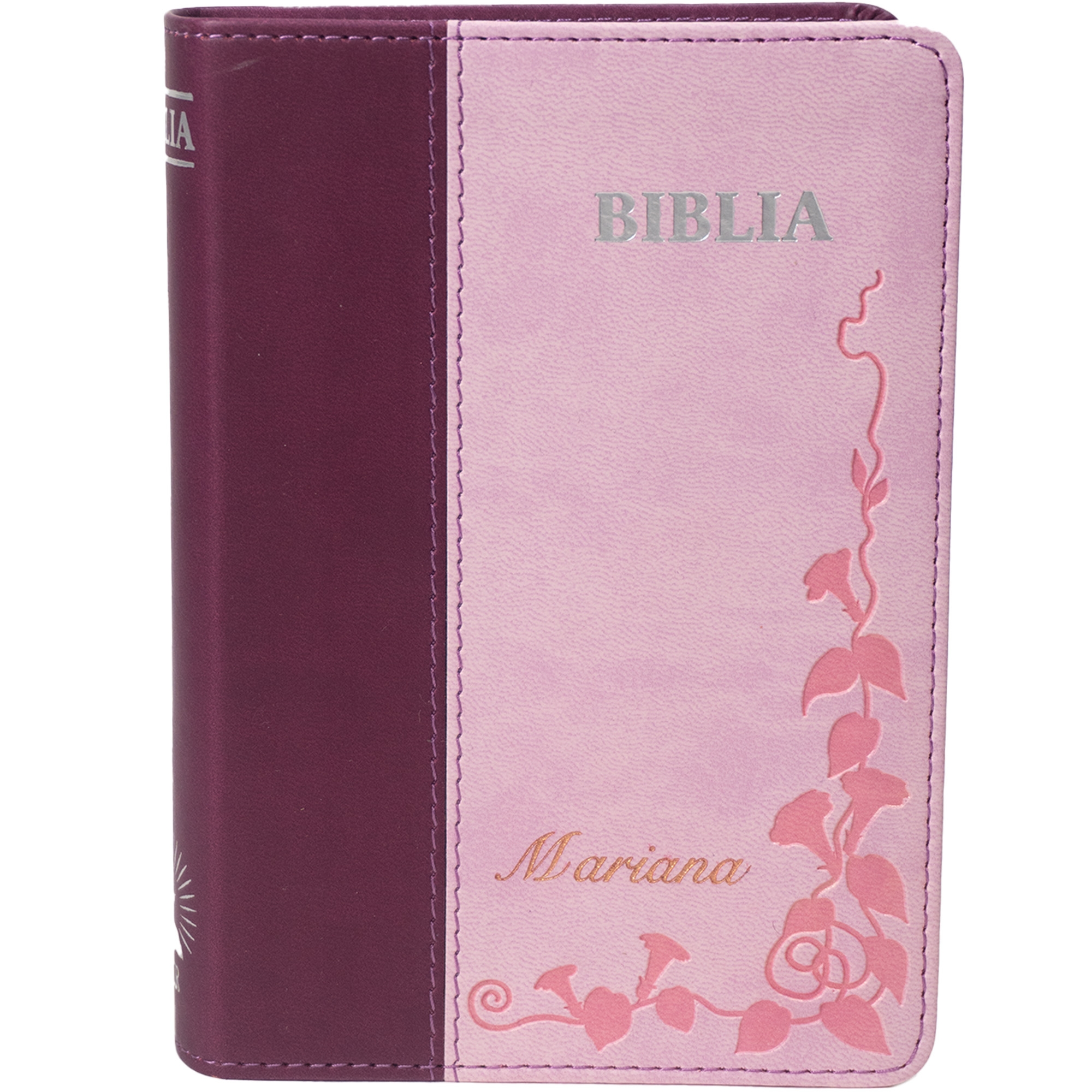 Biblie personalizată cu numele Mariana -  Biblie marime mica, piele ecologica, mov|roz , index, margini argintate, cuv. Isus rosu [SI 046 TI]
