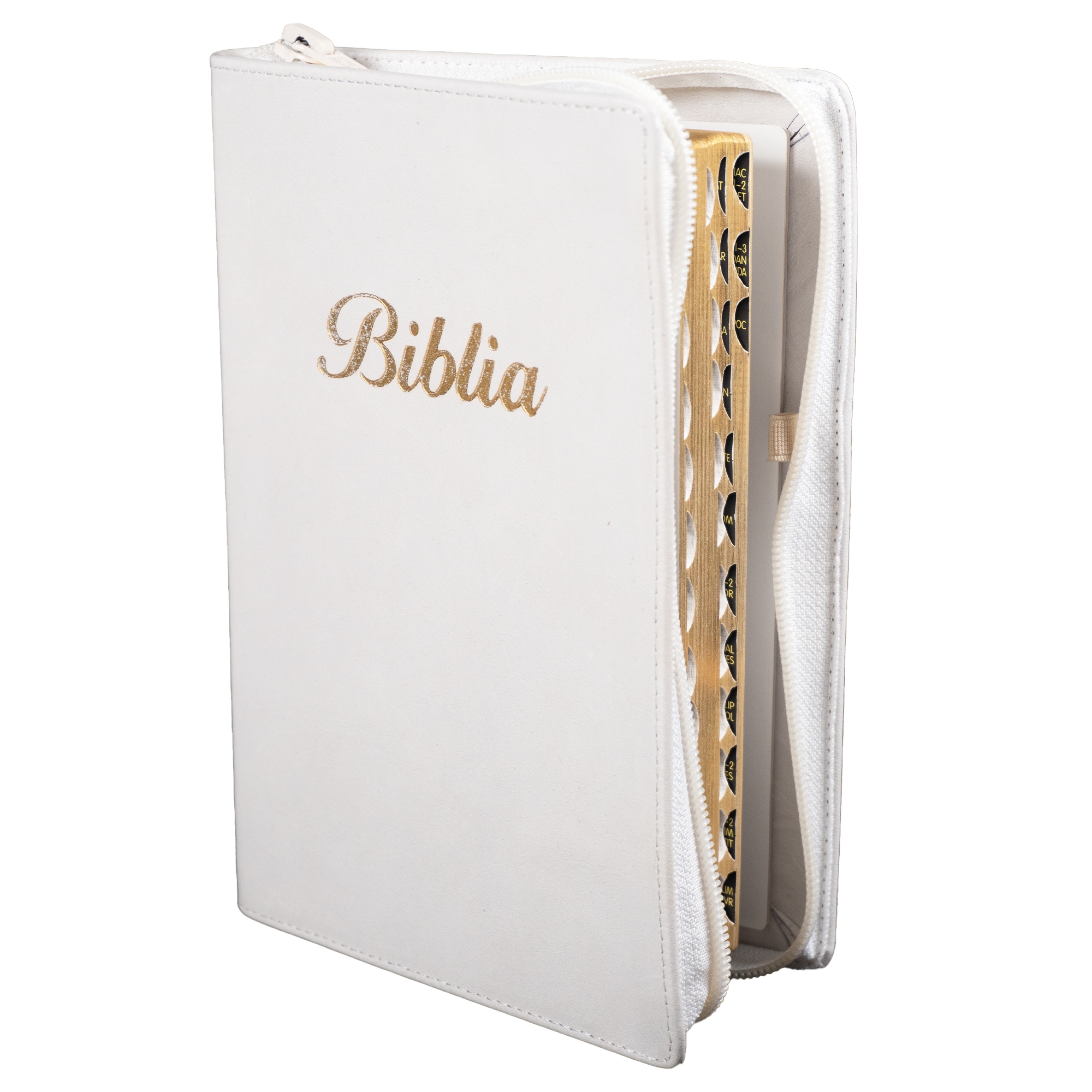 Biblia marime medie, alb murdar, piele, fermoar, margini aurii, index, cuv. lui Isus cu rosu [MAR 057 PFI]