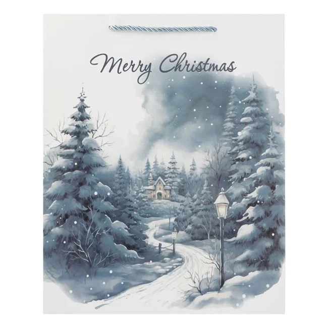 Sacosa Cadou de Craciun Peisaj Inzapezit Bleu cu Glitter 26x10x32cm Sacosa Cadou de Craciun Peisaj Inzapezit Bleu cu Glitter 26x10x32cm