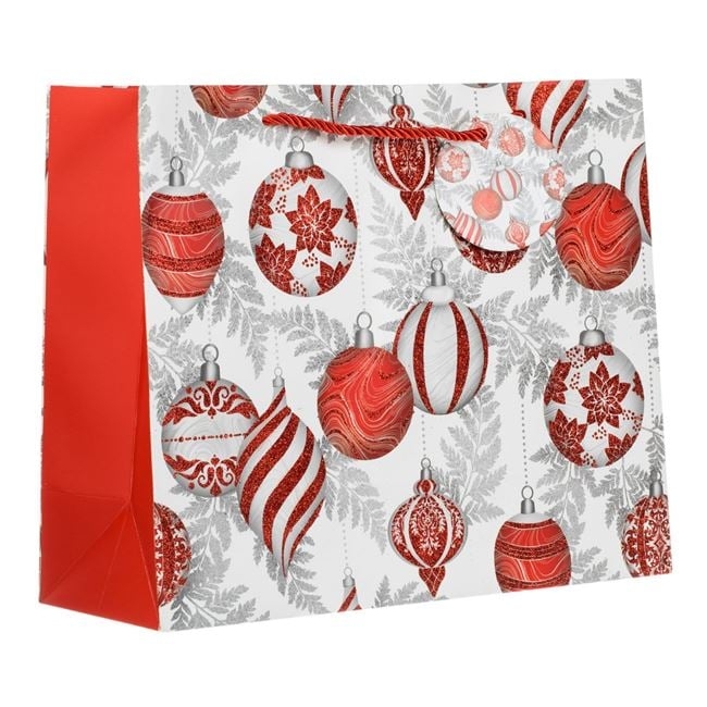 Sacosa Cadou de Craciun Globuri Albe Gri Rosii cu Glitter 31x12x26cm Sacosa Cadou de Craciun Globuri Albe Gri Rosii cu Glitter 31x12x26cm