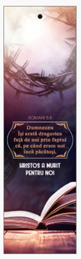 Semn de carte cu panglica mov - Verset:  "Dumnezeu Îşi arată dragostea faţă de noi prin faptul că, pe când eram noi încă păcătoşi, Hristos a murit pentru noi." Romani 5:8 [86]