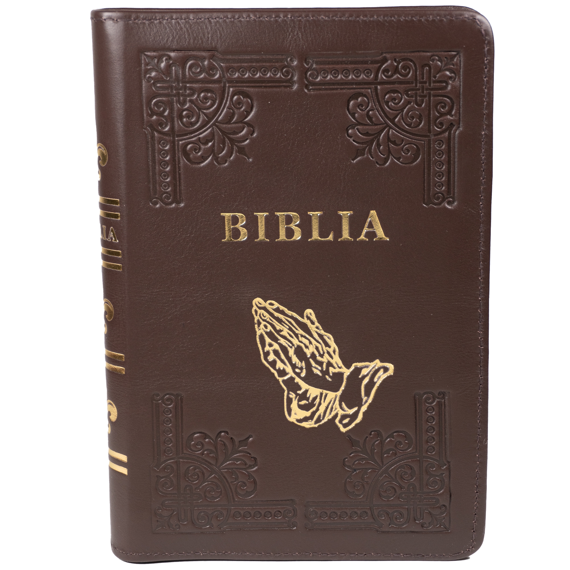 Biblia din piele, handmade, marime medie, culoare maro închis, fermoar, simbol maini in rugaciune, margini aurii cu index, cuv. lui Isus cu rosu [057 HM]