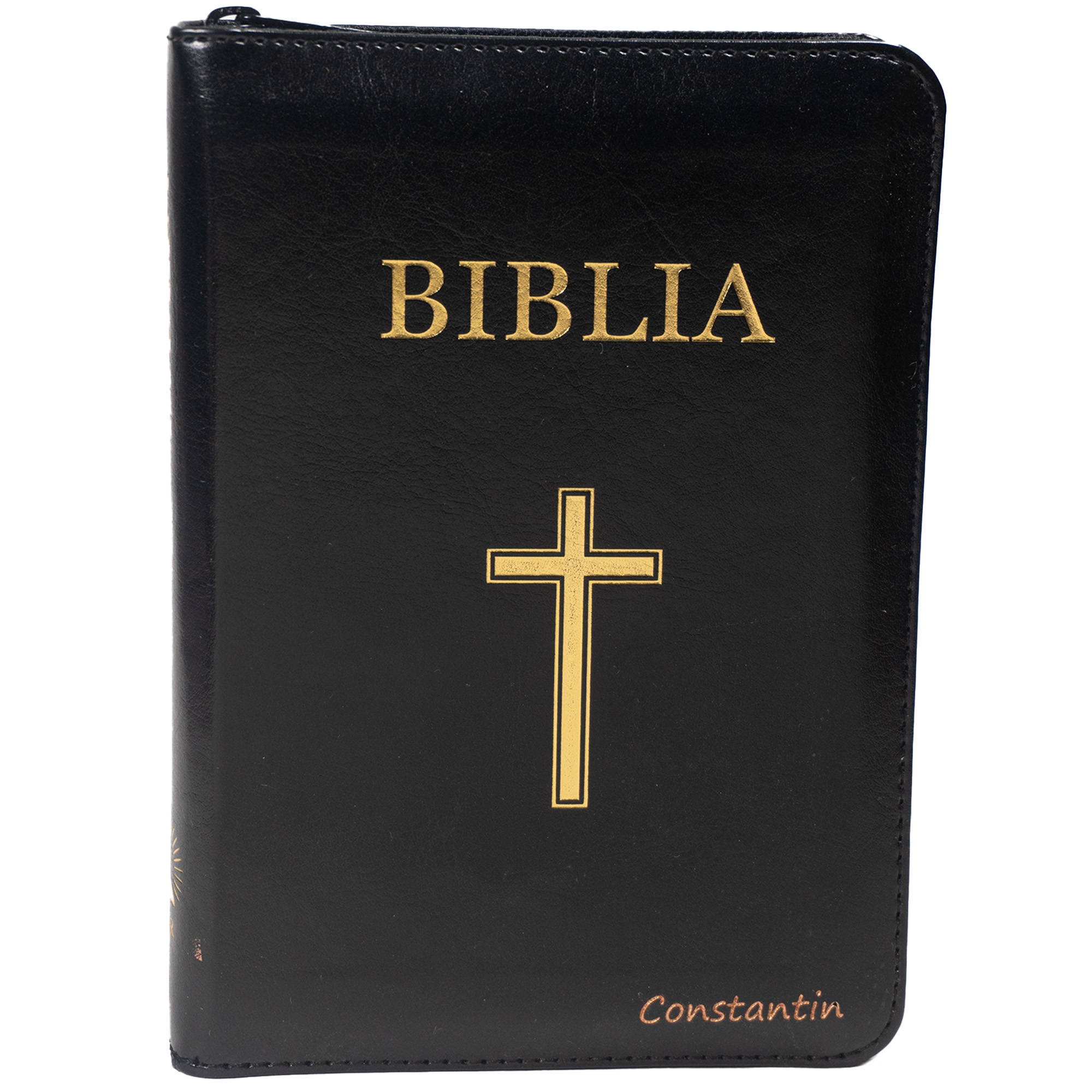 Biblie personalizată cu numele Constantin - Biblie marime mica, din piele ecologica, culoare neagra, fermoar, index, margini aurii, cuv. Isus rosu [SI 046 ZTI]