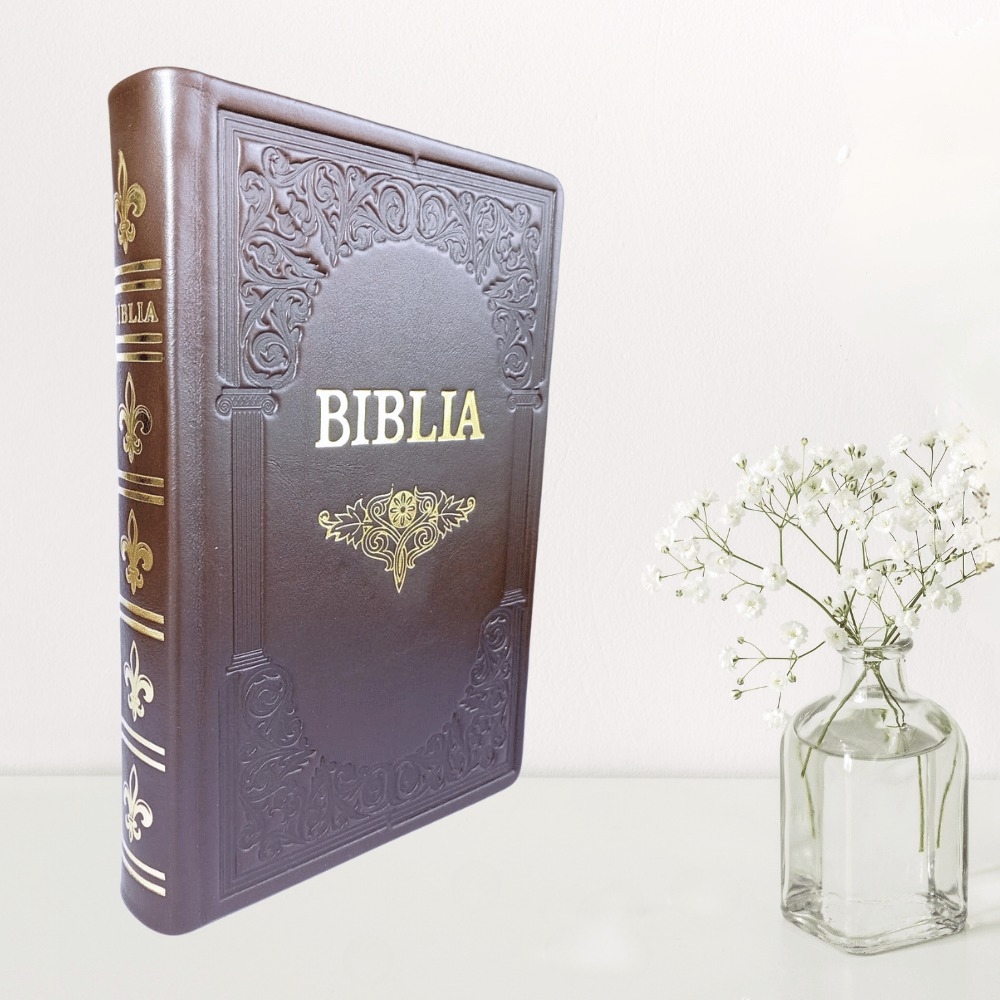 Biblie mare, piele, handmade, maro, index, margini aurii,  cuv. Isus cu rosu [SI 076 HM]