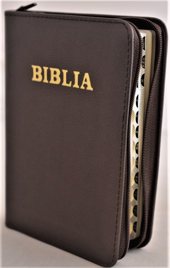 Biblia format mic, din piele, culoare, maro, index, fermoar, margini aurii, cuv. lui Isus in rosu [047 PFI]