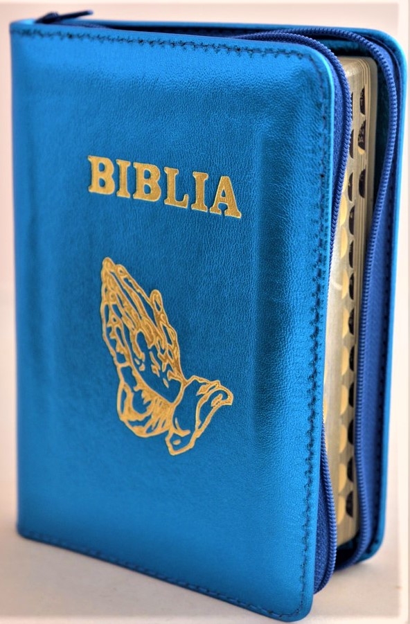 Biblia format mic, din piele, culoare,albastru sidef, index, fermoar, margini argintii, simbolul maini in ruga, cuv. lui Isus in rosu [047 PFI]
