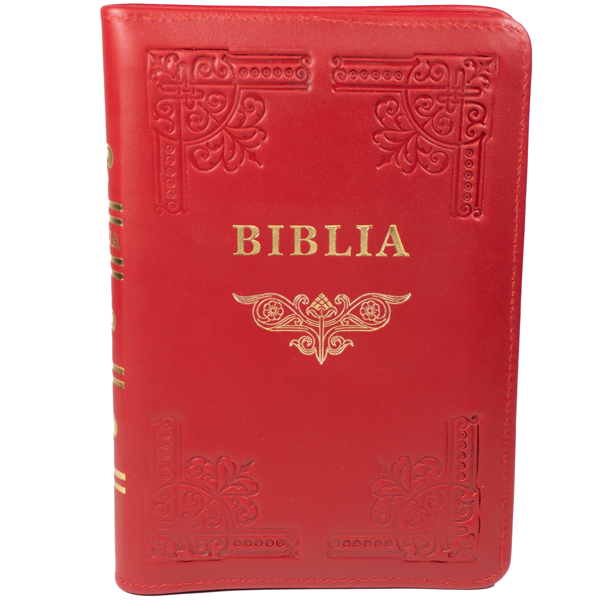 Biblia din piele, handmade, marime medie, culoare vișiniu, fermoar,margini aurii cu index, cuv. lui Isus cu rosu [057 HM]