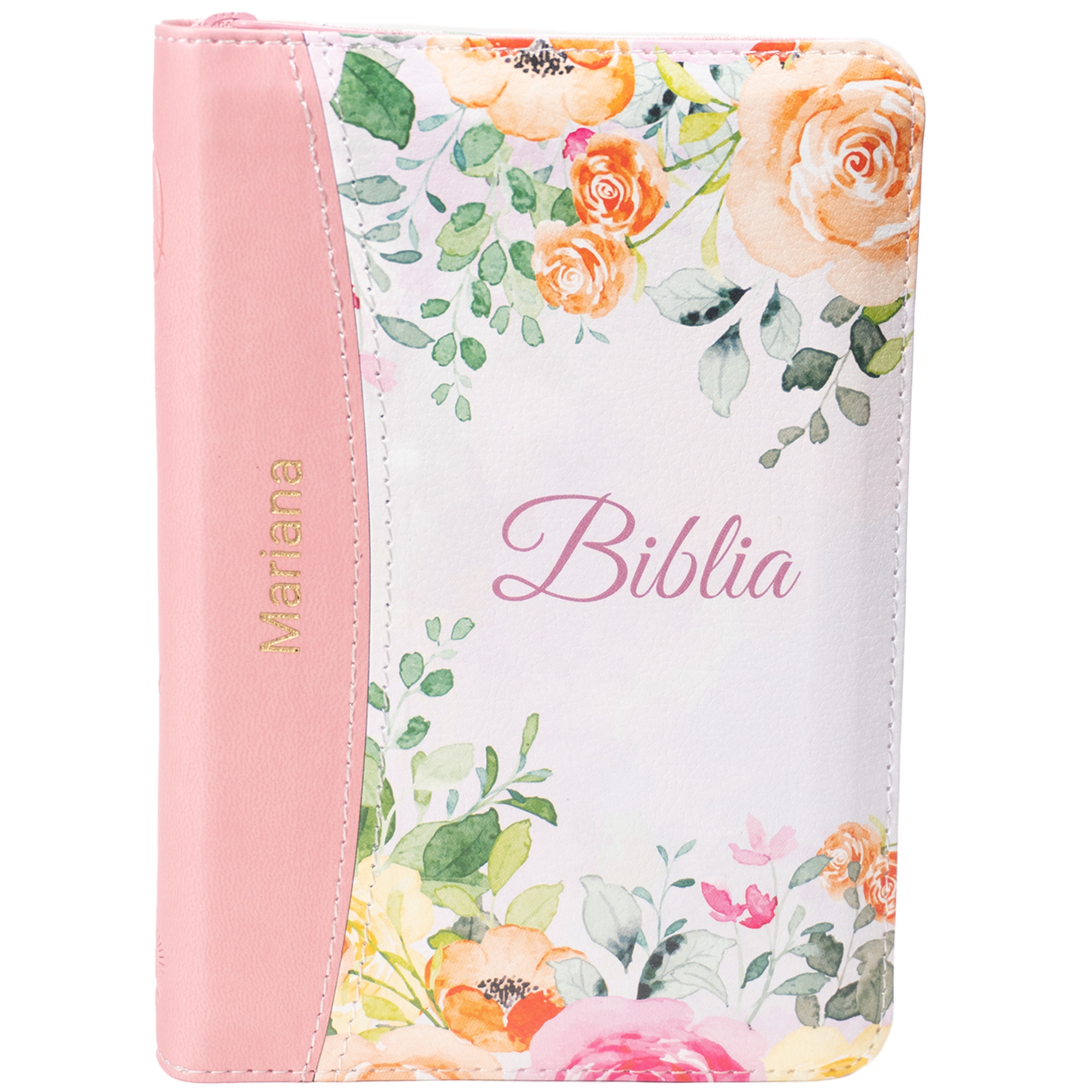 Biblie personalizată cu numele Mariana - Biblie marime mica, din piele ecologica, model floral, culoare roz, fermoar, index, margini aurii, cuv. Isus rosu [SI 046 ZTI]