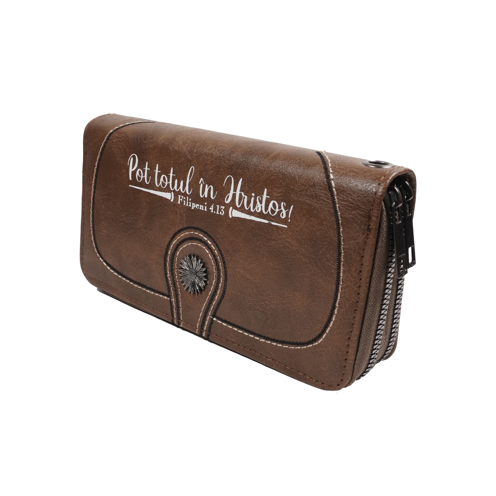 Portofel damă, 2 fermoare, maro, cu imprimeu "Pot totul în Hristos!" Portofel damă, 2 fermoare, maro, cu imprimeu "Pot totul în Hristos!"