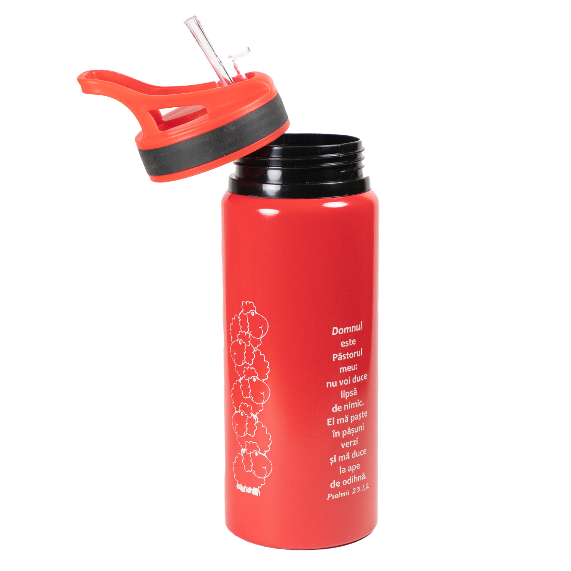 Bidon metalic pentru copii - "Domnul este Păstorul meu..." (roșu) Bidon metalic pentru copii - "Domnul este Păstorul meu..." (roșu)
