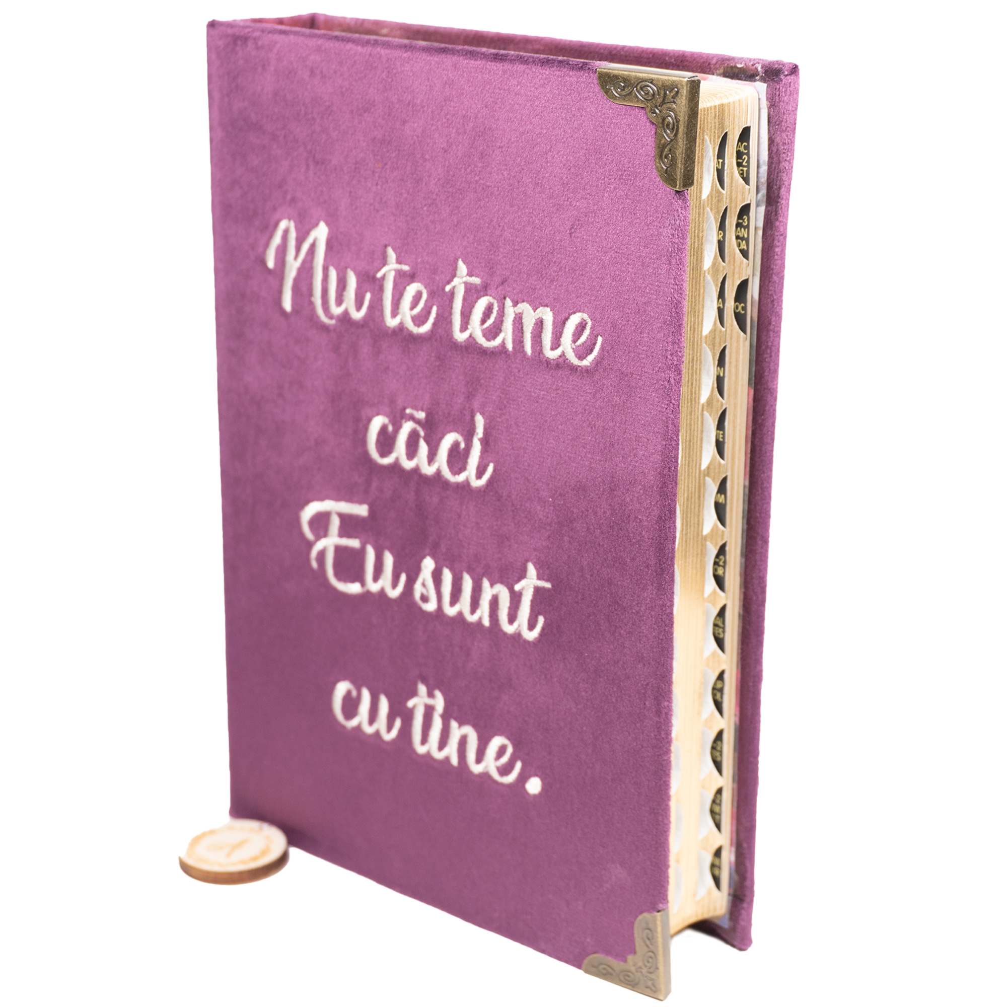 Biblia handmade, model 137, marime medie, coperta tare textila, margini aurii, index, cuv. lui Isus cu rosu [SI 057 HM]