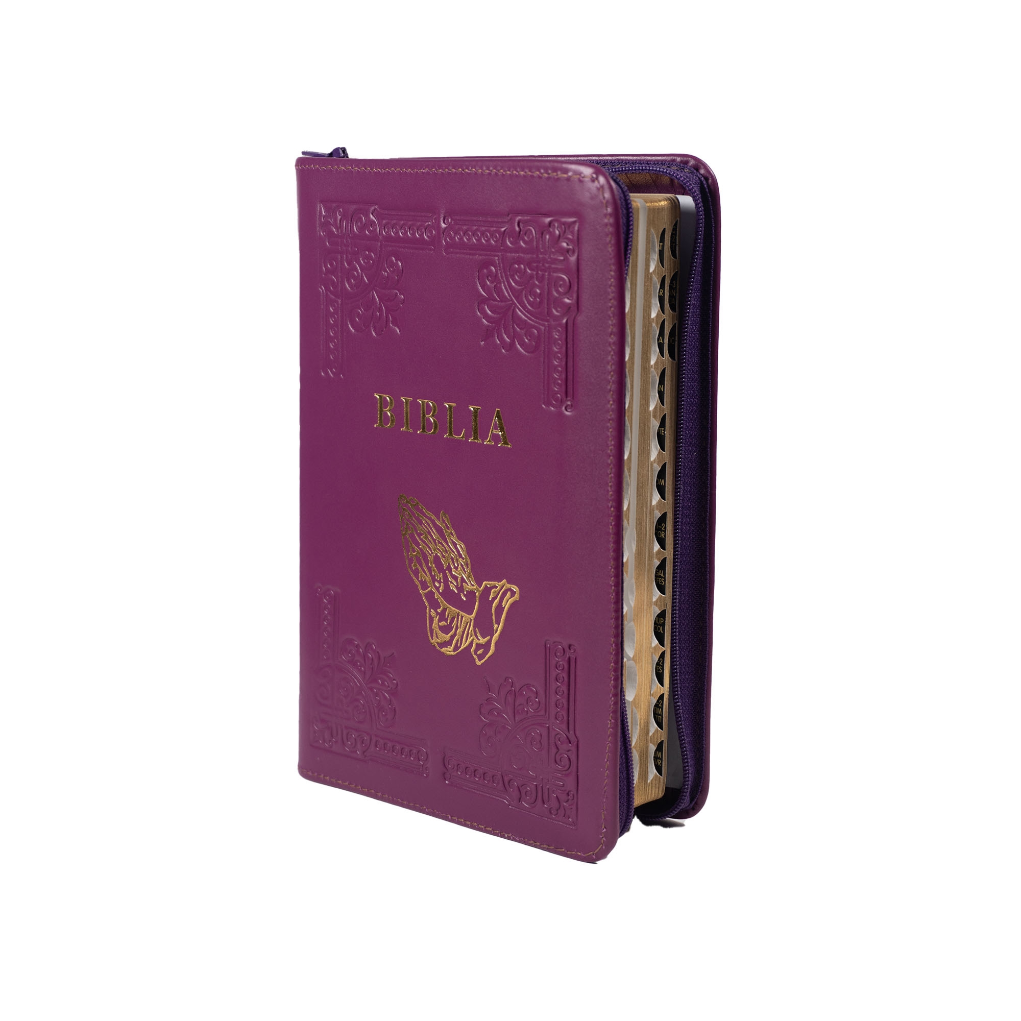 Biblia din piele, handmade, marime medie, culoare mov închis, fermoar, simbol maini in rugaciune, margini aurii cu index, cuv. lui Isus cu rosu [057 HM]