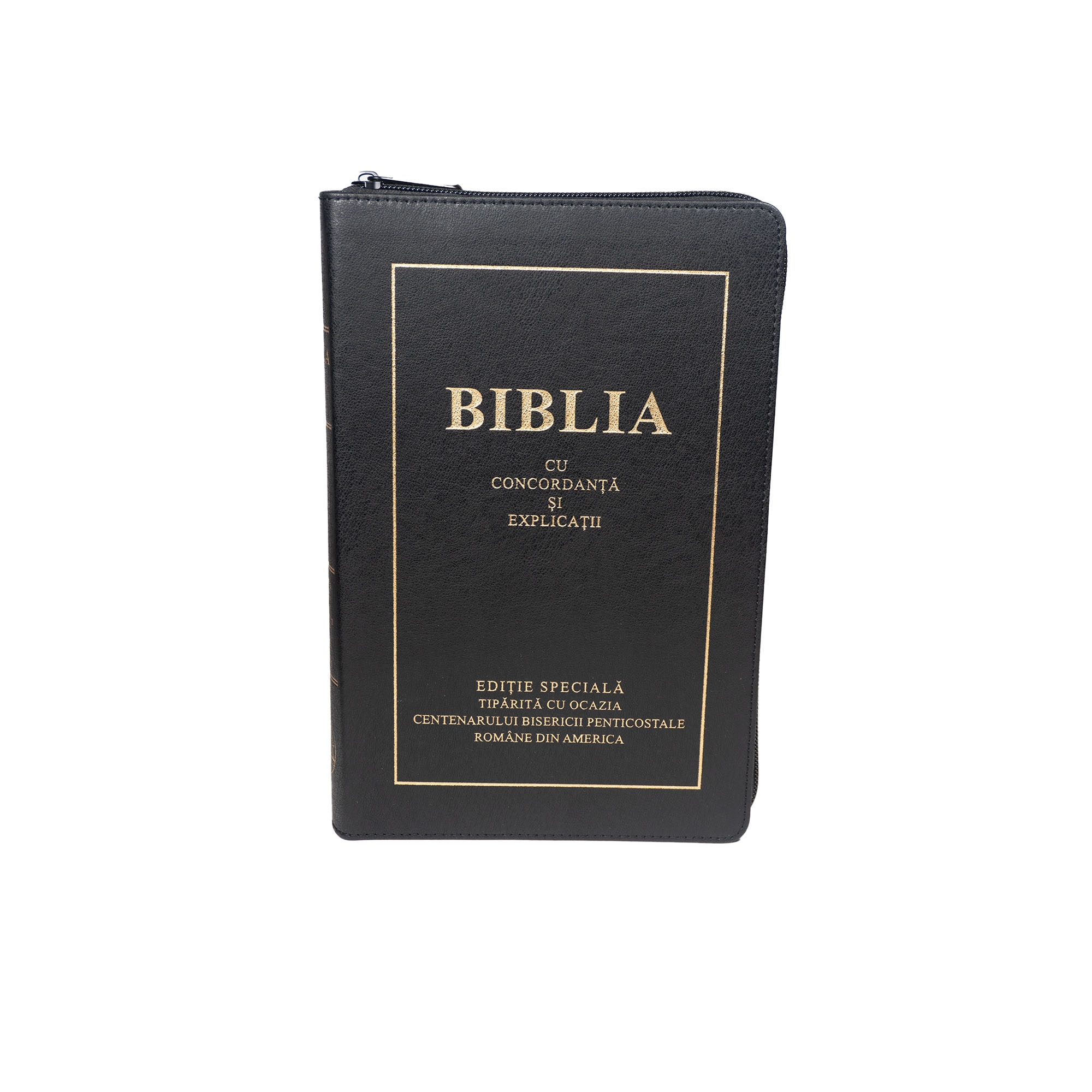 Biblie de lux, mare, din piele, neagră, fermoar, index, concordanta, explicatii, cuv. lui Isus cu rosu, ediție specială Centenar Bis. Penticostală SUA [CO 77 ZTI]