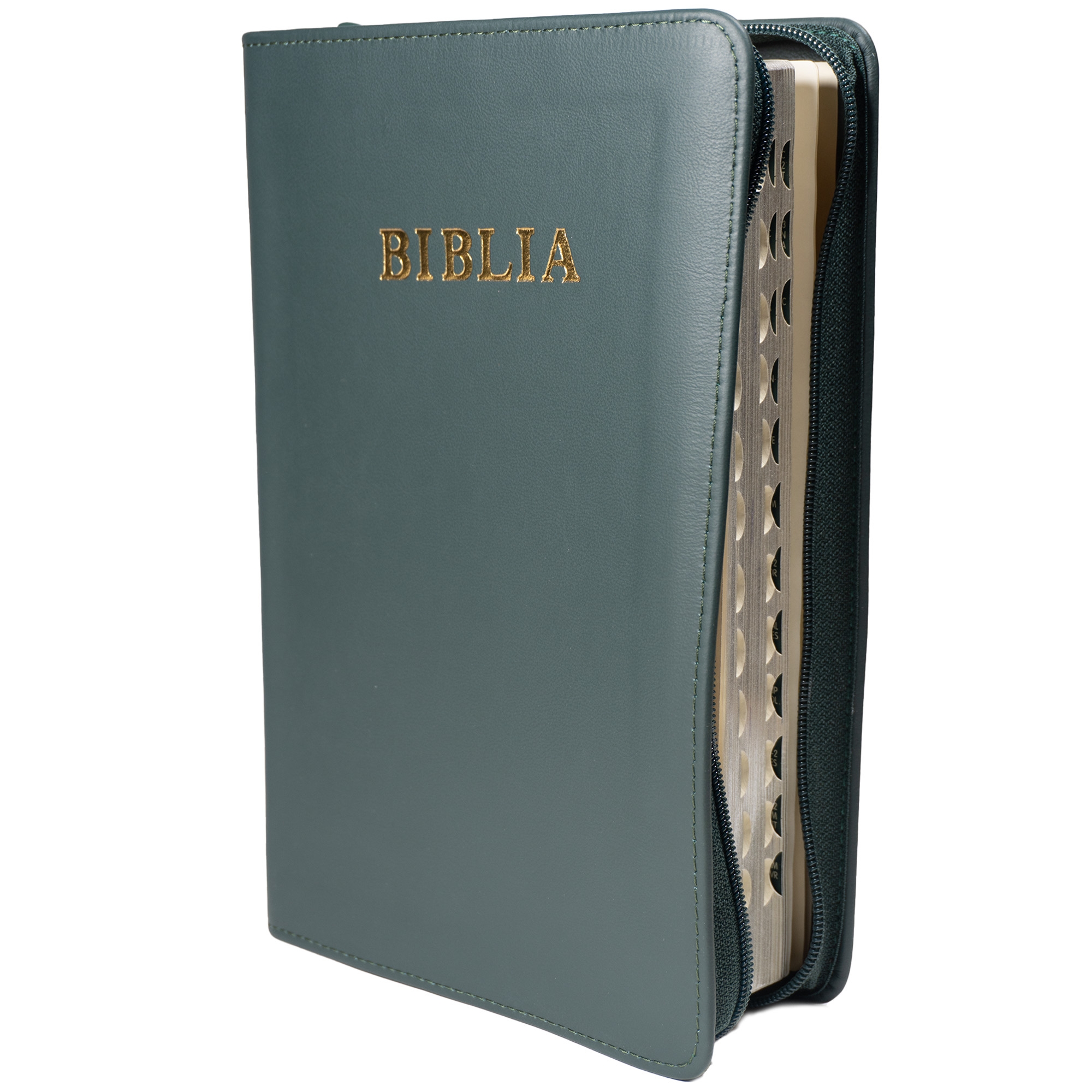 Biblie mare, piele, culoare verde, fermoar, index, margini argintii, cuv. Isus cu rosu [SI 073 PFI]