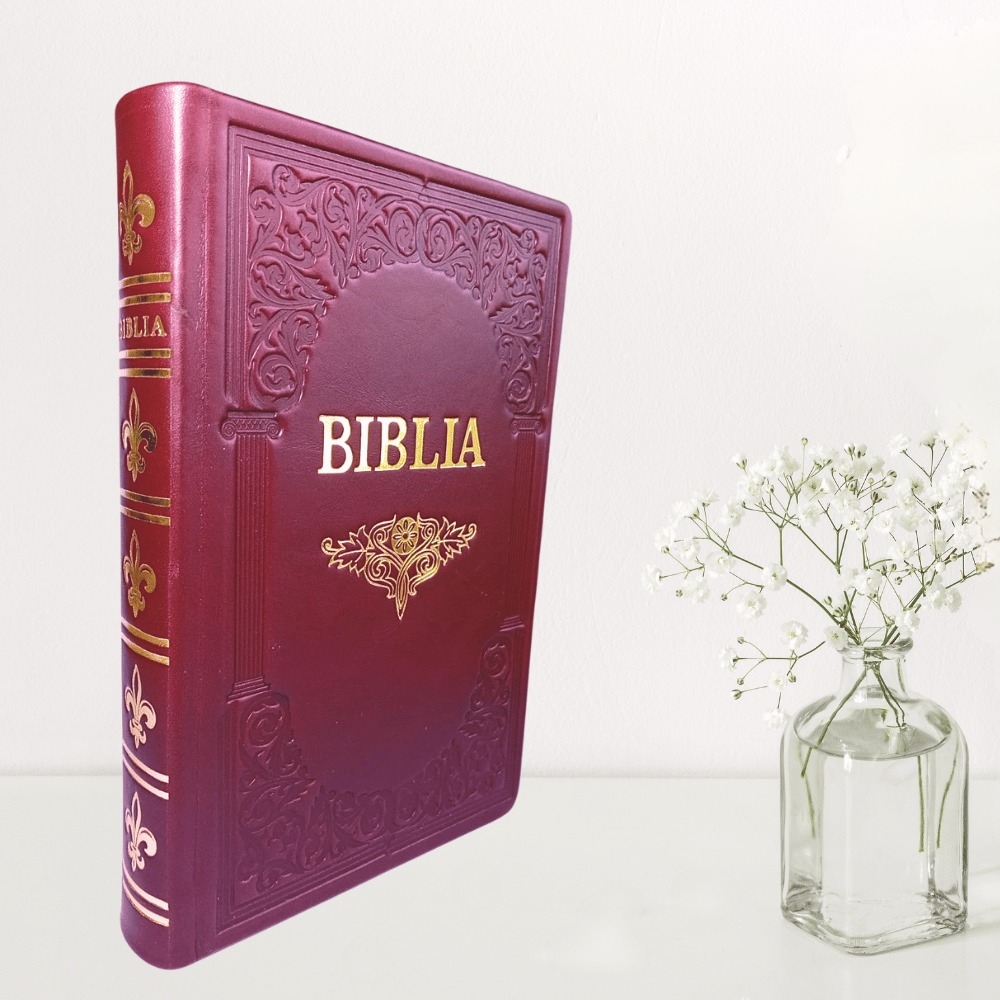 Biblie mare, piele, handmade, bordo, index, margini aurii,  cuv. Isus cu rosu [SI 076 HM]