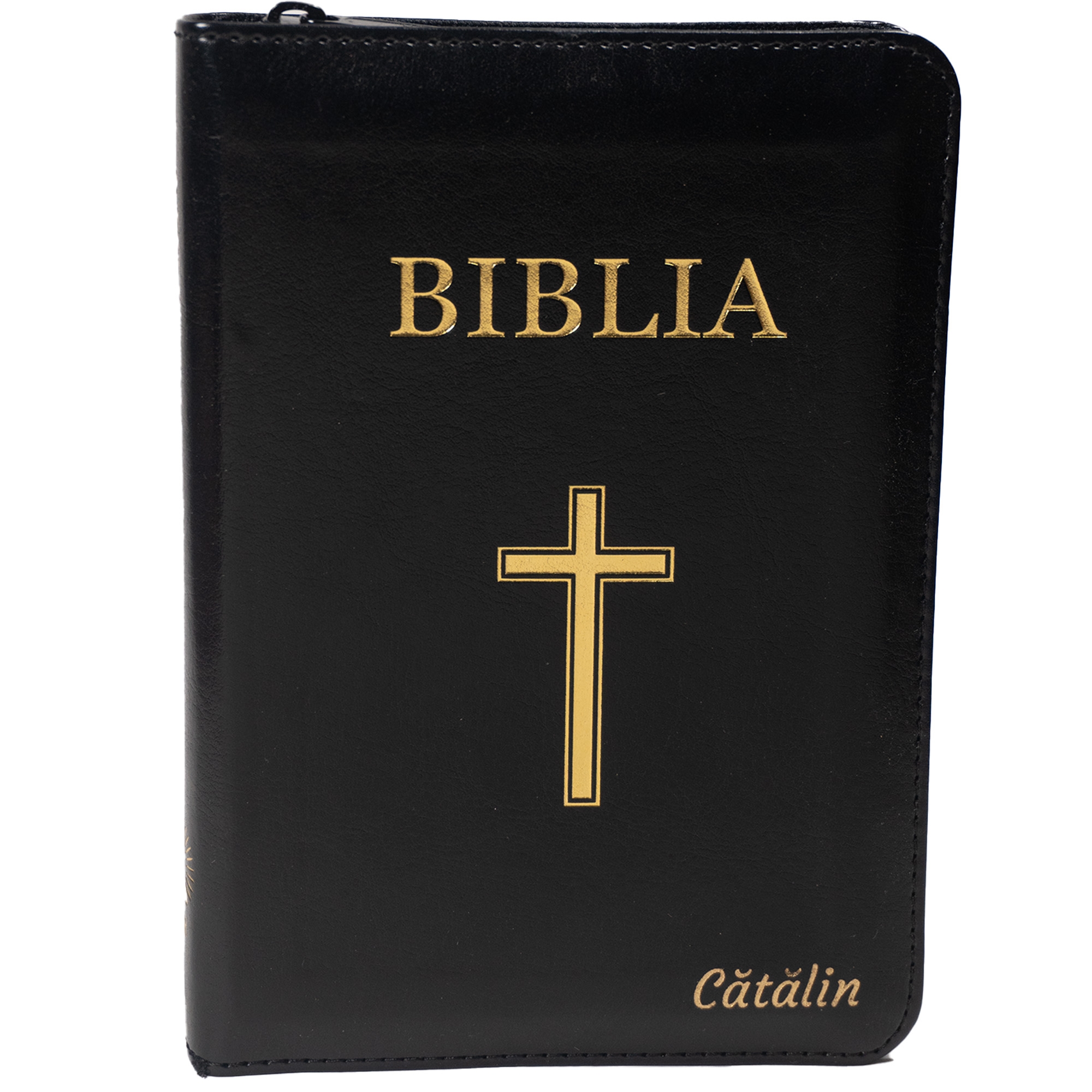 Biblie personalizată cu numele Cătălin - Biblie marime mica, din piele ecologica, culoare neagra, fermoar, index, margini aurii, cuv. Isus rosu [SI 046 ZTI]