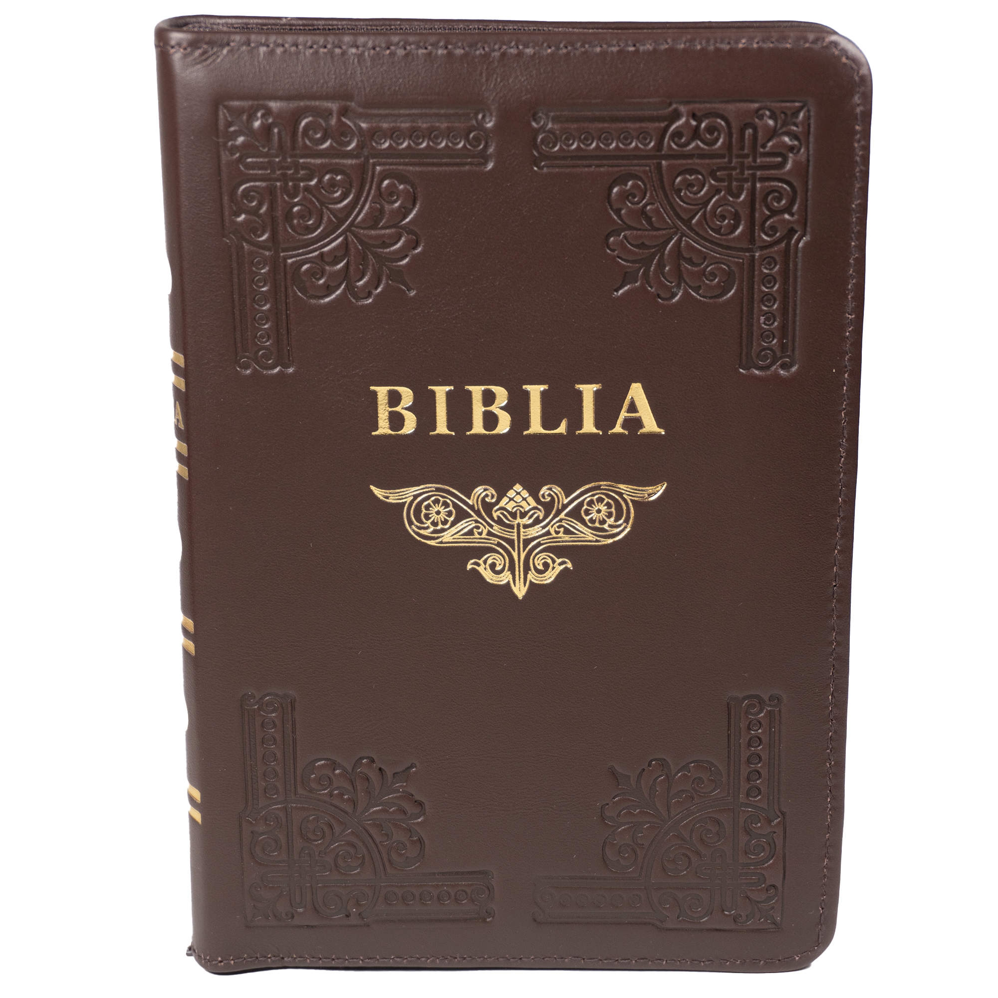 Biblia din piele, handmade, marime medie, culoare maro închis, fermoar,margini aurii cu index, cuv. lui Isus cu rosu [057 HM]