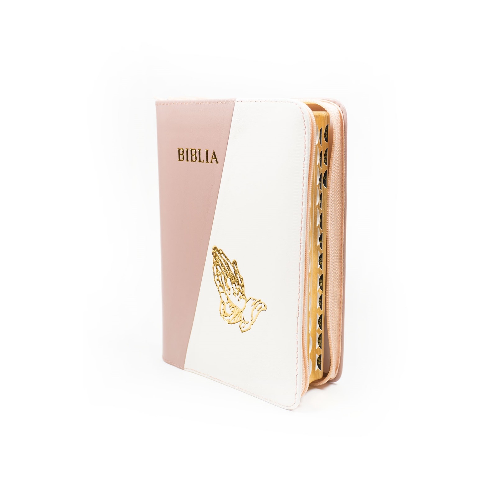Biblie din piele, marime medie, roz plămâniu cu alb, simbol maini in rugaciune, fermoar, index, margini aurii, cuv. lui Isus cu rosu [SB 057 PFI]