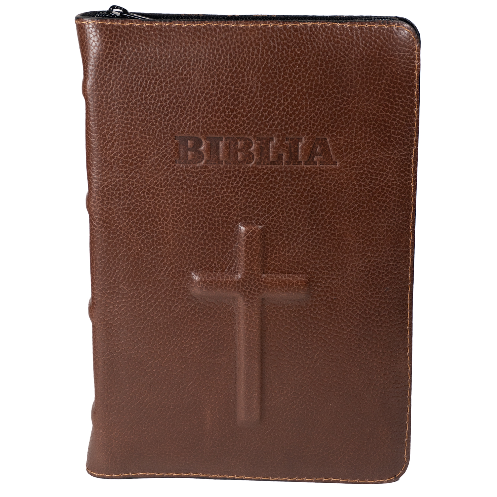Biblie din piele handmade, marime medie, maro, simbol cruce, fermoar, index, margini aurii, cuv. lui Isus cu rosu [057]