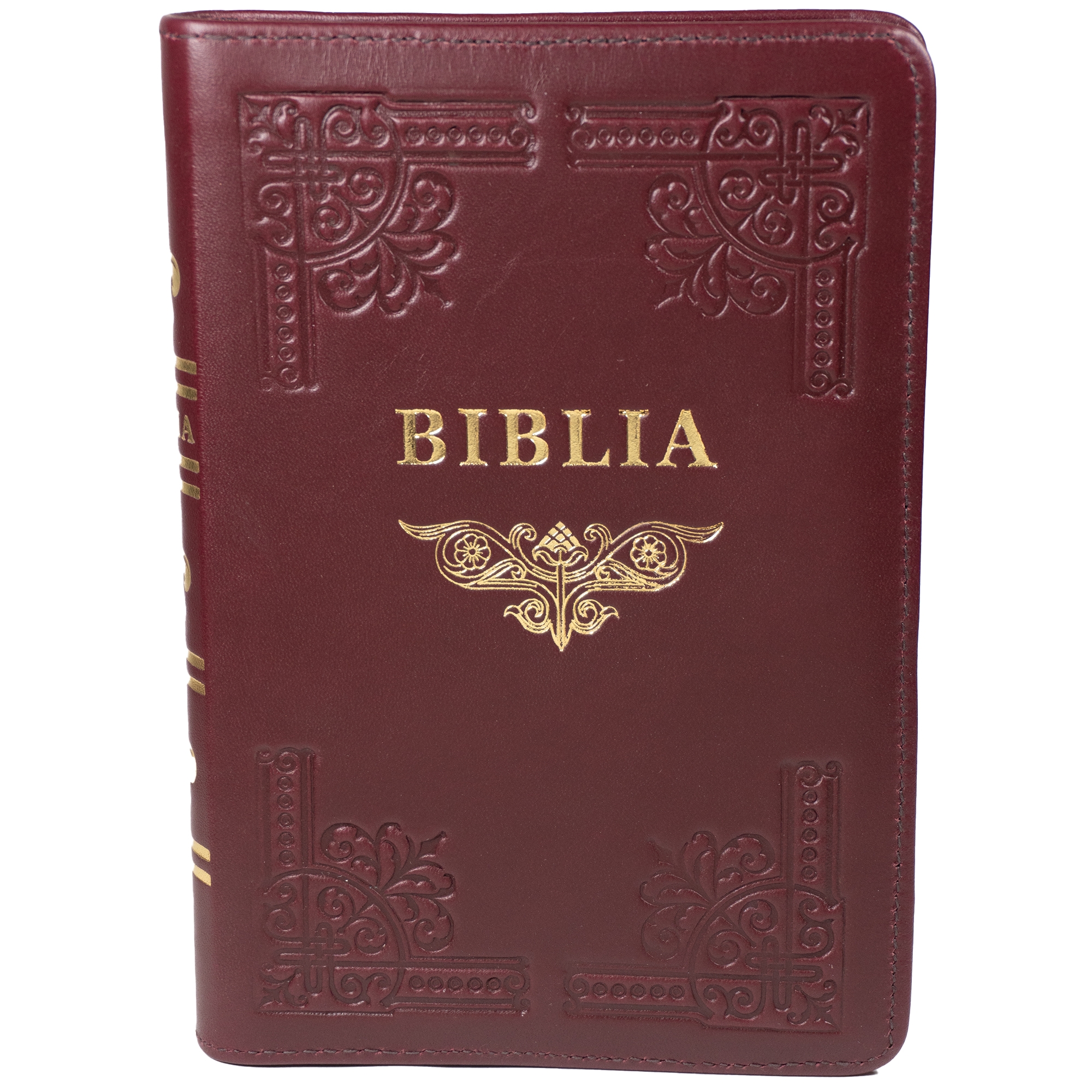 Biblia din piele, handmade, marime medie, culoare bordo, fermoar,margini aurii cu index, cuv. lui Isus cu rosu [057 HM]